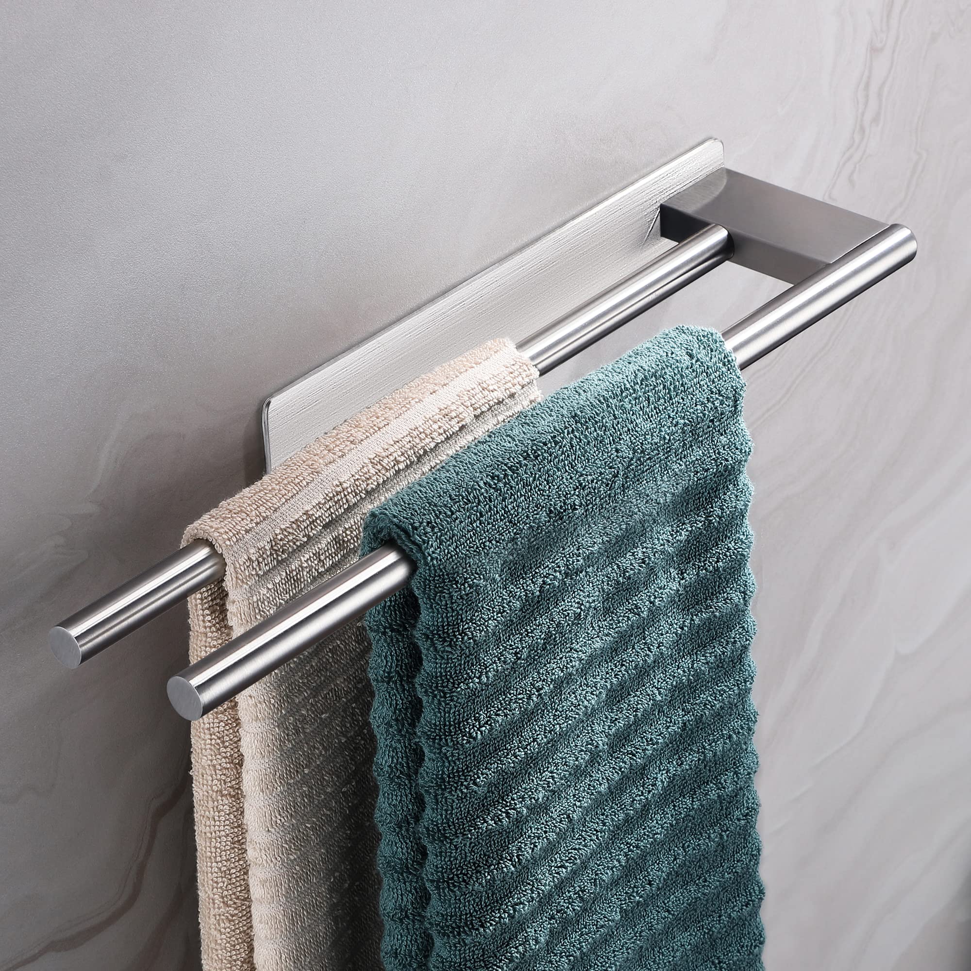 Porte-serviettes auto-adhésif en acier inoxydable, sans perçage, argent mat, porte-serviettes à deux bras, mural pour salle de bain - 6