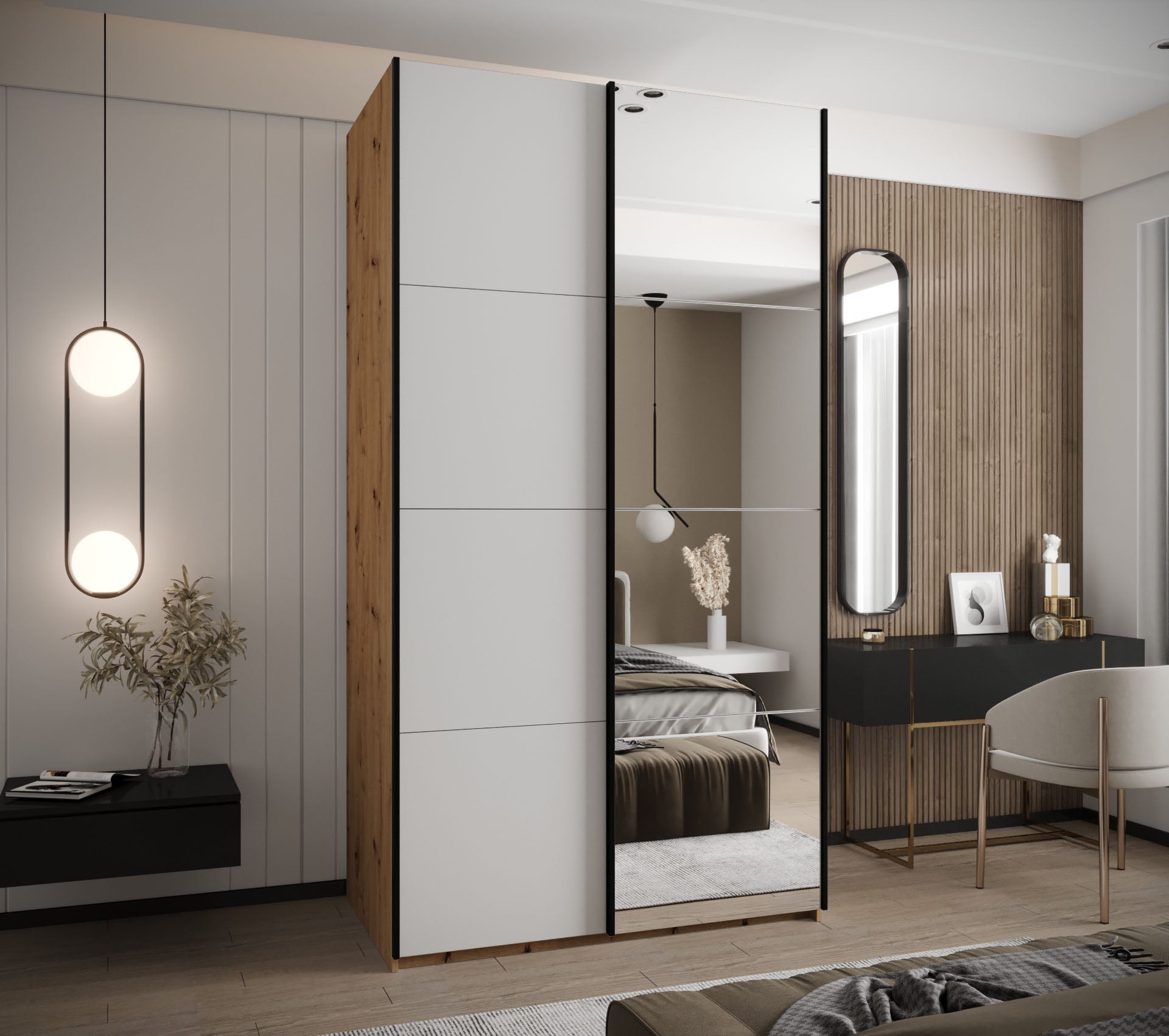 Szafa przesuwna wysoka Lux 3 130 x 64 x 245,5 cm artisan + biały + u. czarny - Abiks Meble - 2