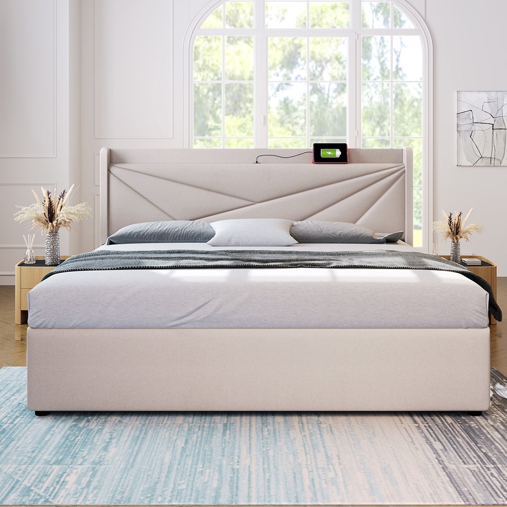 Lit coffre Lit double rembourré Lit de rangement Tête de lit avec fonction de chargement USB Lit de jeune Lit 180x200 cm Beige - 5