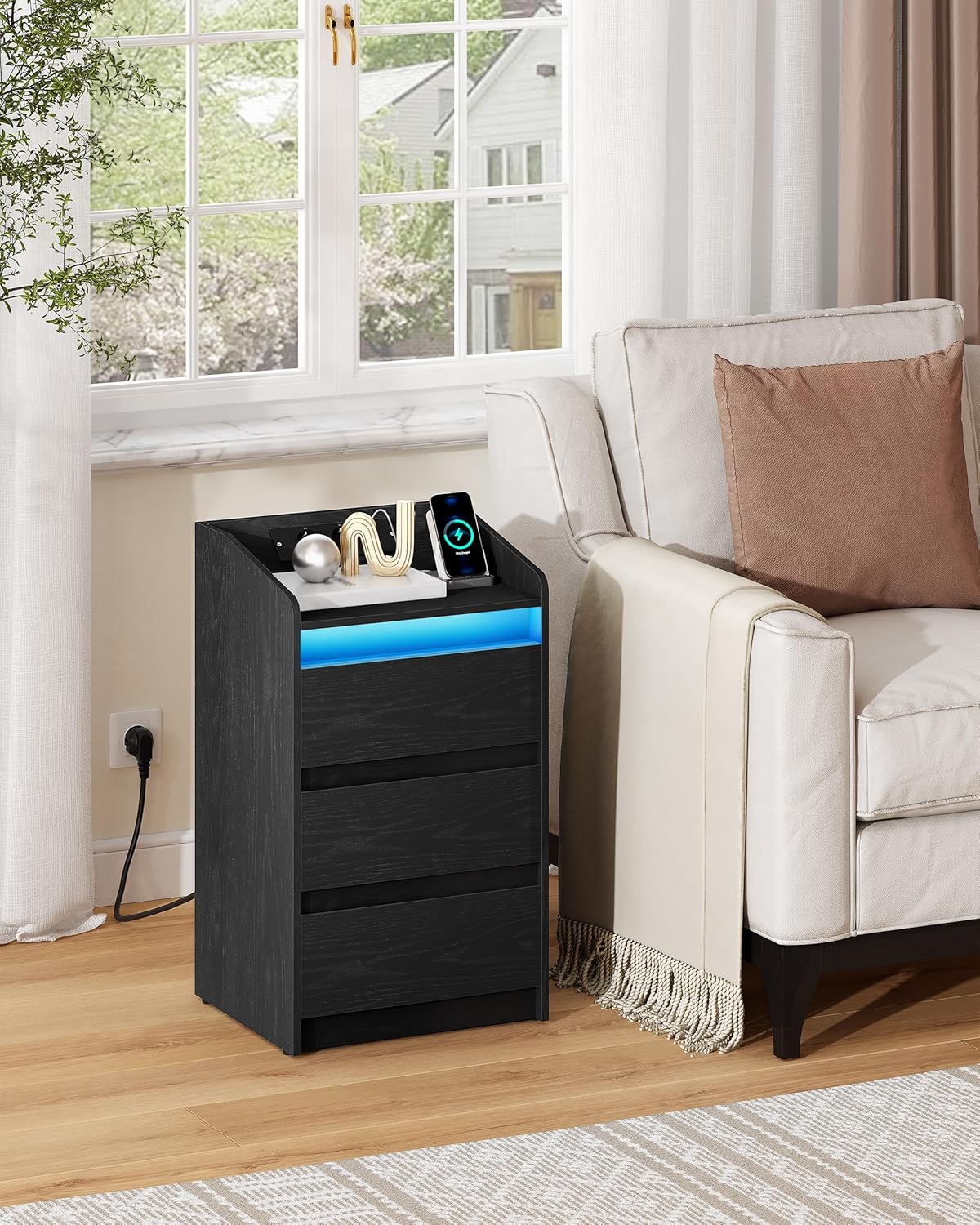 Stolik nocny z 3 szufladami, stolik boczny ze stacją ładującą i diodą LED, 2 porty AC i 2 porty USB do sypialni, salonu, Czarny - 2