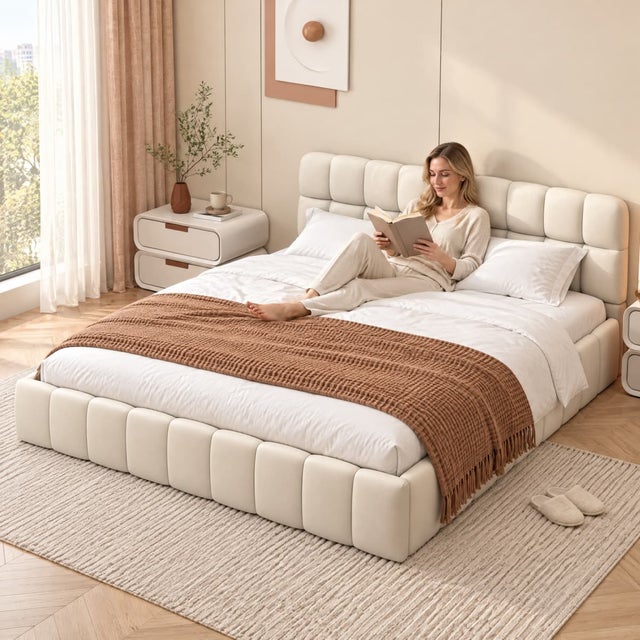 Letto per adulti 160x200cm in lino con schienale morbido, Letto piano con rete a doghe, beige