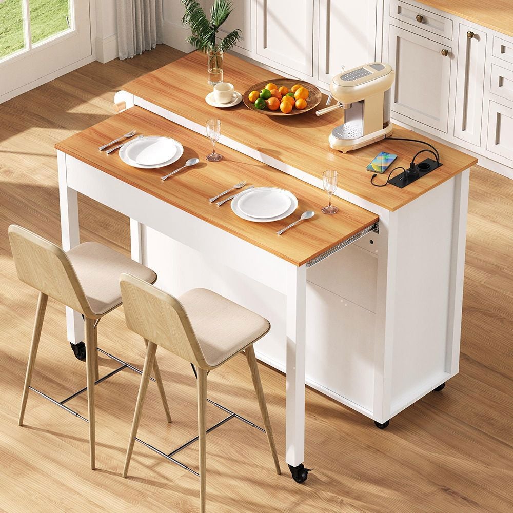 Îlot De Cuisine à Roulettes - 120 X 40 X 89 - Avec Plan Rabattable Extensible 2 Tiroirs 2 Portes Mdf Blanc