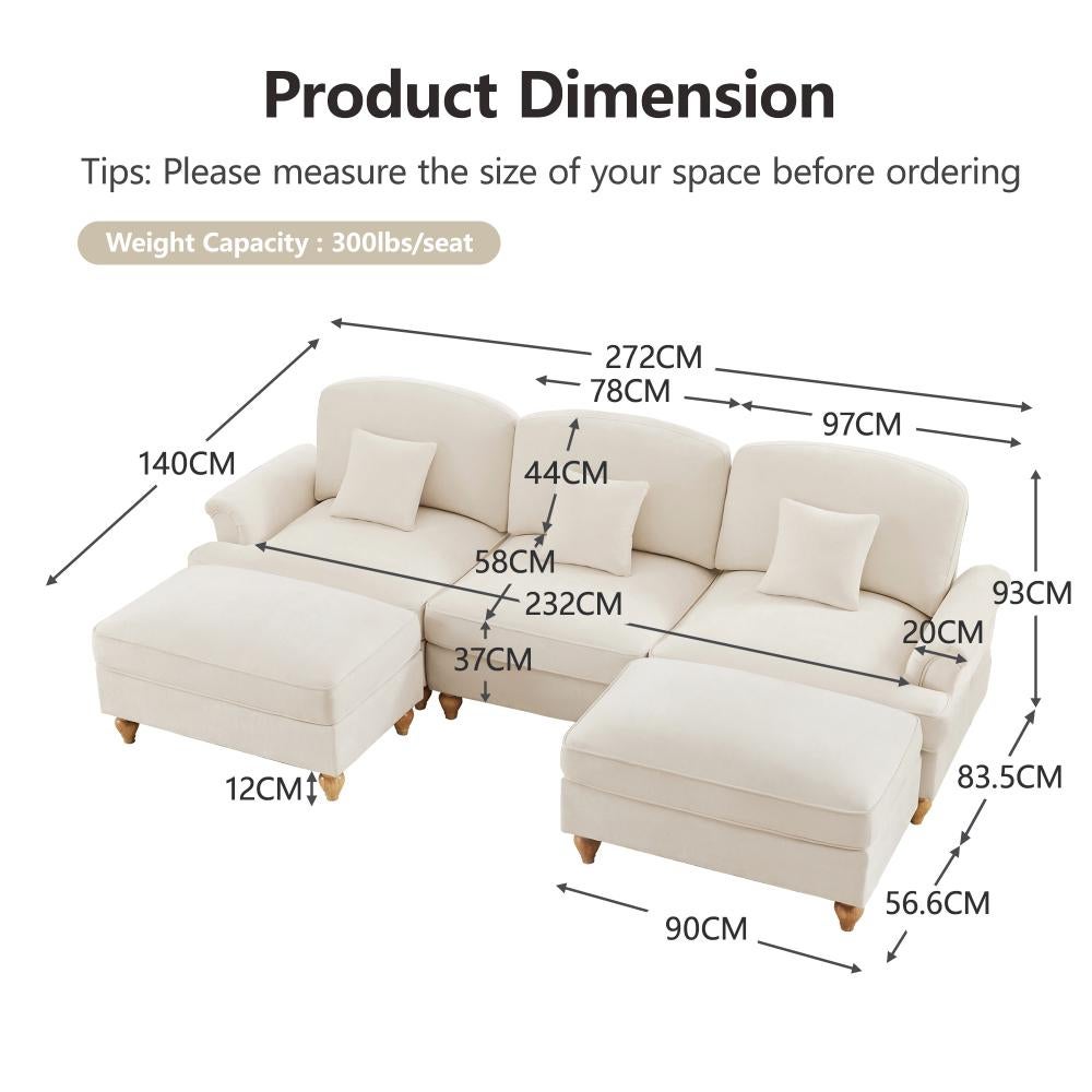 Divano modulare a U con braccioli a tromba, gonna rimovibile e piedi spindle – seduta profonda e morbida con pouf rimovibile, 2 design in 1. - 3
