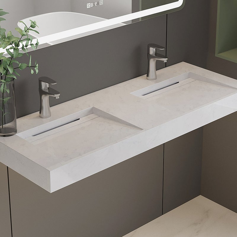 Podwójna umywalka podwieszana KODIAK z twardego materiału marmuropodobnego w kolorze białym – 120,2 × 45,2 × 8 cm (dł. × szer