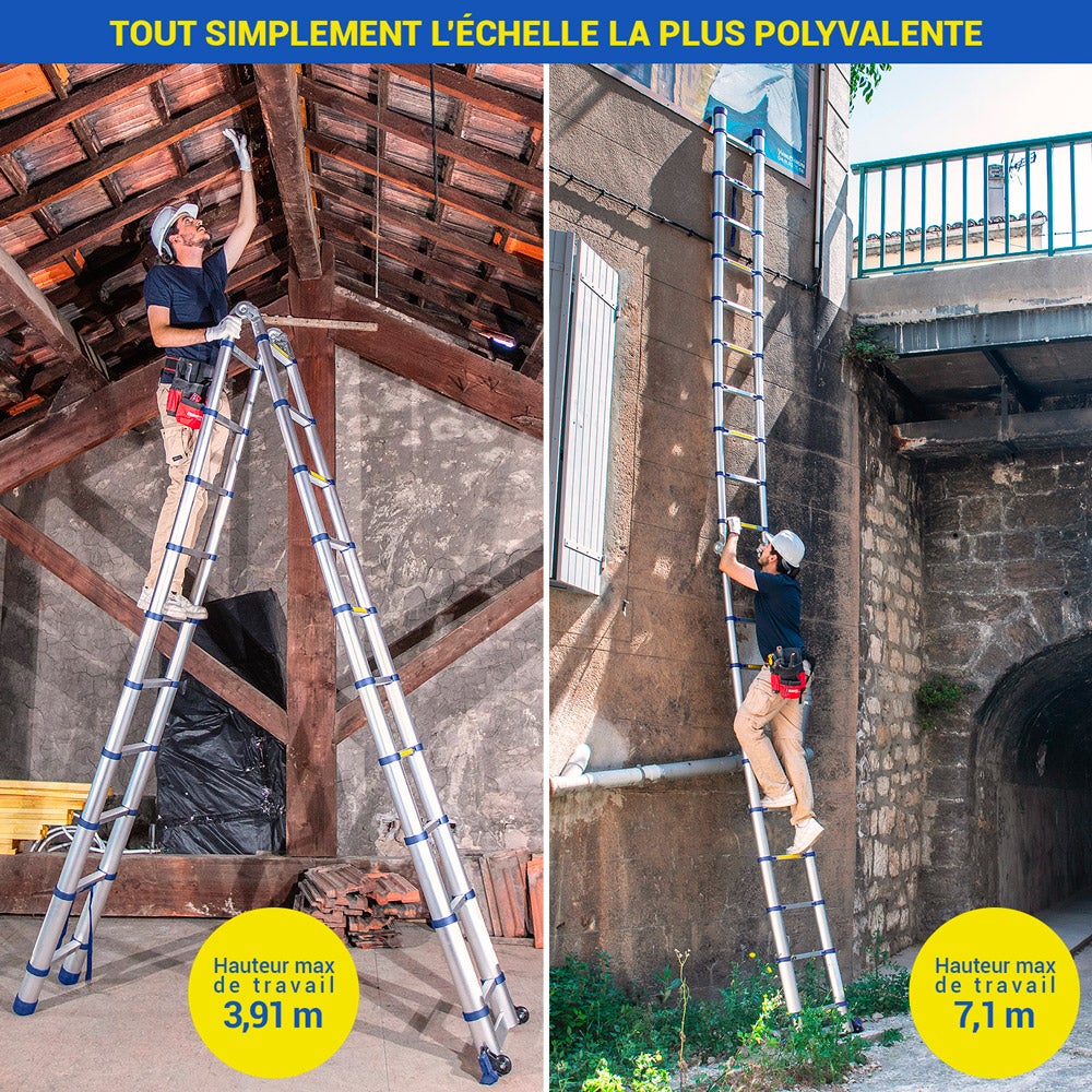 HOSTRÖM Echelle télescopique articulée 6,2m STEMPAKT, escabeau 2x10 marches pliable professionnel multifonction, H max travail 7,1m, garantie 5 ans - 2