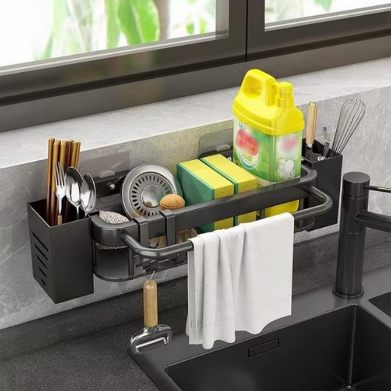 Półka pod umywalkę ze stali nierdzewnej do kuchni bez wiercenia, z wieszakiem na ręczniki i uchwytem na sztućce, 30*13,5*6 cm, nośność 20 kg