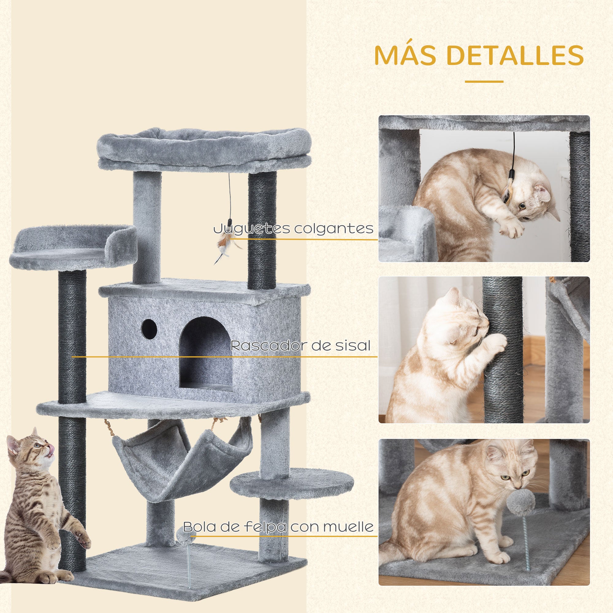 Arranhador para Gatos PawHut Cinzento Aglomerado de Madeira, Pelúcia, Sisal e Feltro 48x48x107cm - 5