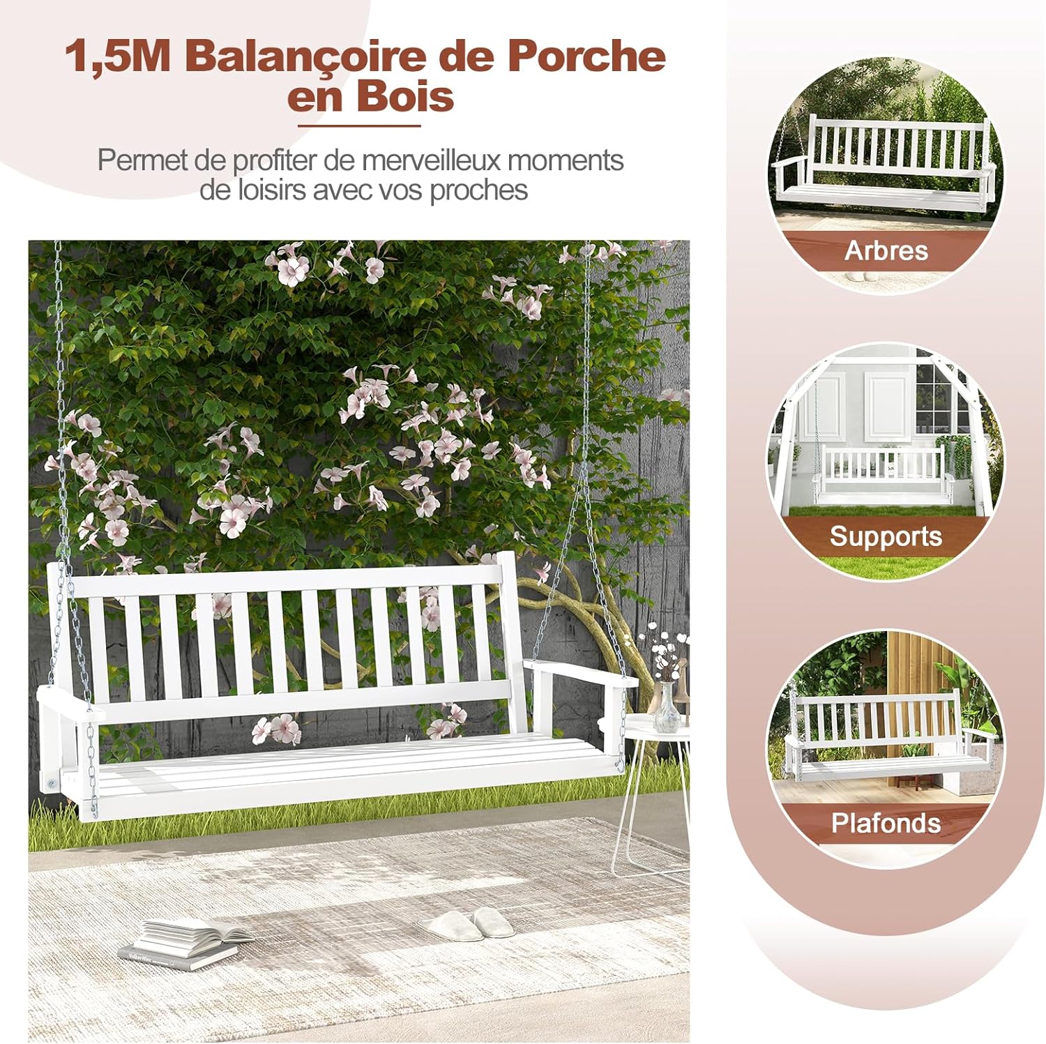 Balançelle Jardin 2/3 Places Extérieur, Chaise Hamac Siège Suspnedue en Bois avec Chaînes de Suspension Ajustables,230/360KG(168x65x63CM,Blanc) - 4