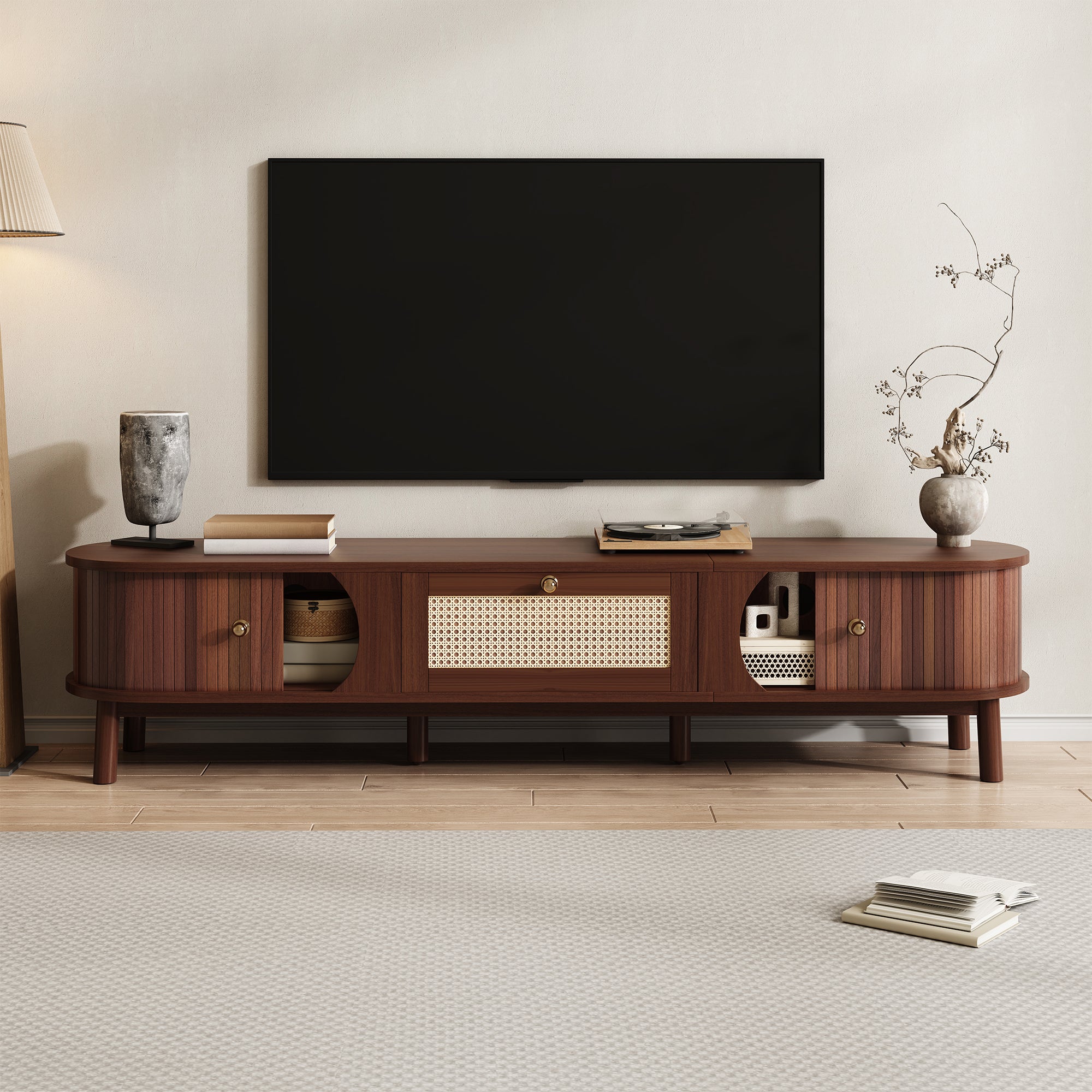 Szafka RTV z 2 przesuwanymi drzwiami z rattanu i szufladą - 170 x 39,5 x 38 cm - Płyta wiórowa - Naturalna