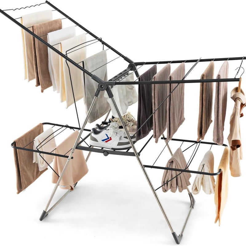 Suszarka na pranie składana, wysuwana suszarka na pranie z 2 poziomami, suszarka stojąca z regulacją wysokości ze skrzydłami i półką na buty