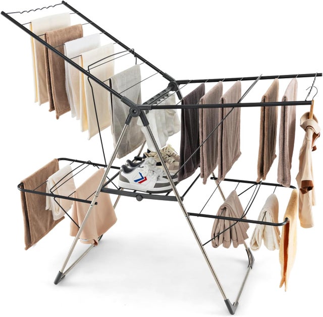 Etendoir Linge Pliable, Sechoir a Linge Pliable 33 Barres, Pieds en Acier Inoxydable, Hauteur Réglable 75-130 cm, Pinces à Chaussettes
