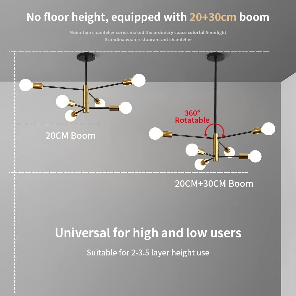 GOECO Lustre Industriel Suspension Vintage, Noir+Or, Réglable 180°, E27, Sans Ampoules, pour Salon chambre salle à manger - 6 lumières - 4