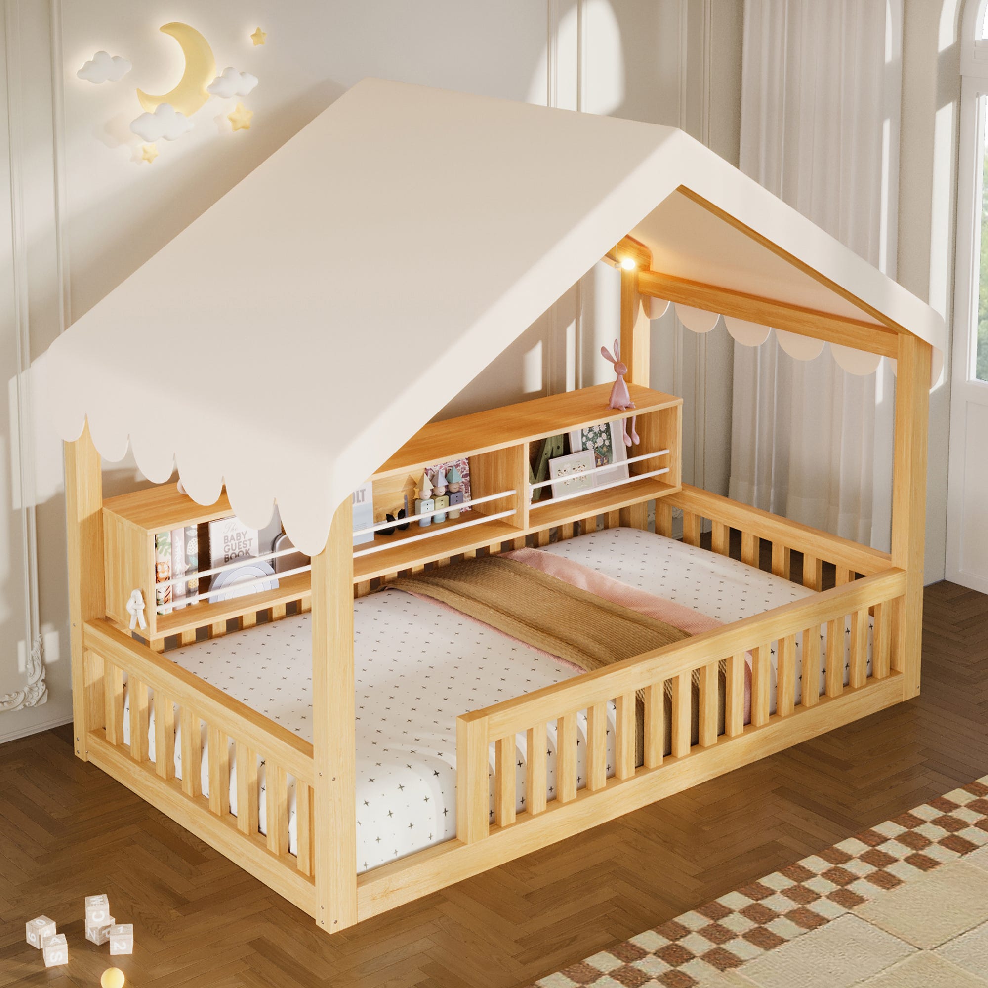 Led Li Meme Lit cabane avec LED et étagère, avec barrière de sécurité, en bois ...