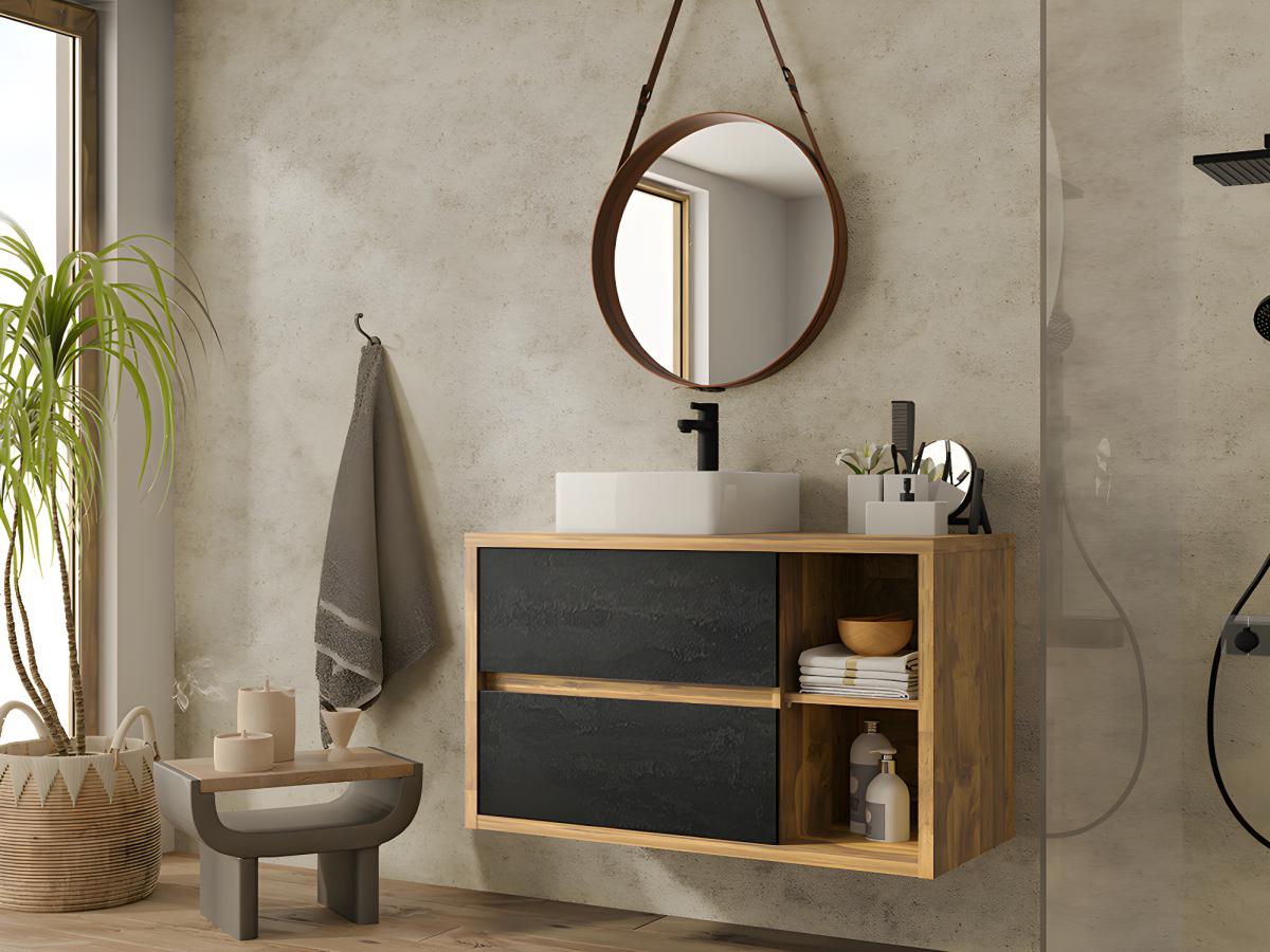 Meuble sous vasque suspendu coloris naturel et anthracite - 100 cm - TIKITIKI - 6