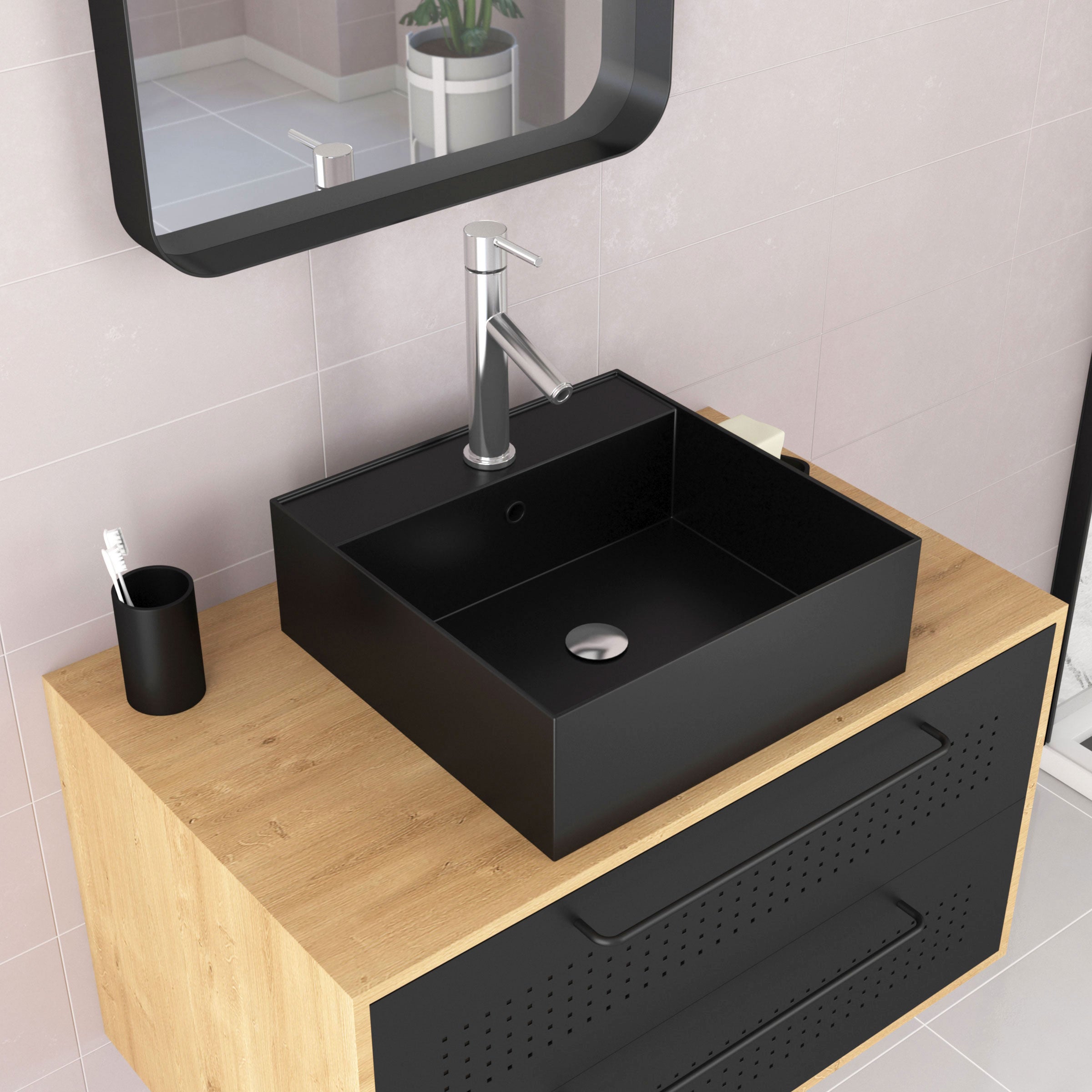 Meuble de Salle de Bains 80 cm avec Vasque Carrée - Finition Chêne naturel et Noir Mat - UBY - 5