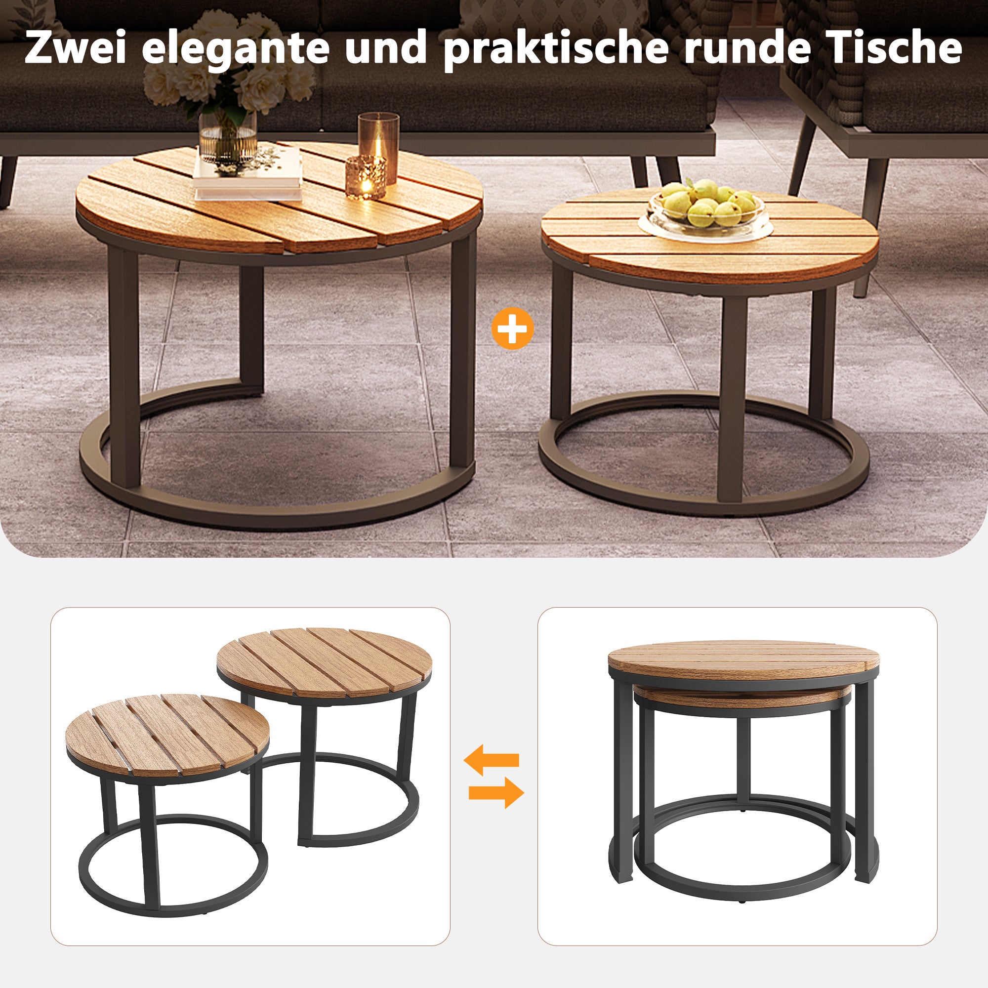 Salon de Jardin Exterieur pour 6 places,avec 2 tables basses en bois,Canapé d'angle extérieur en forme de L,avec coussin,Main courante tressée, Gris - 7