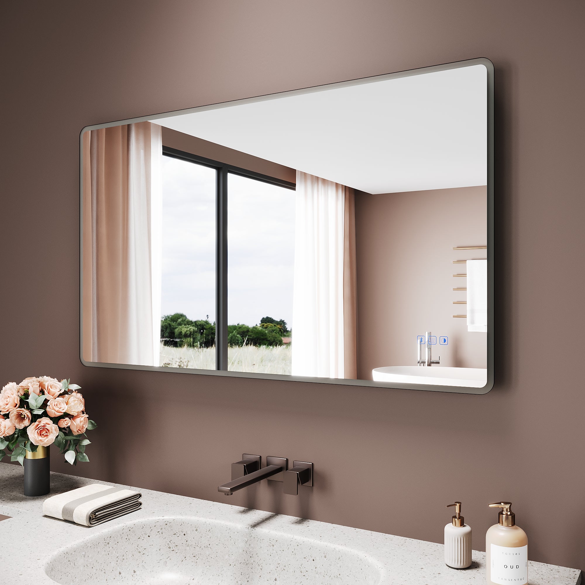 SIRHONA Miroir de Salle de Bain 120x70cm, Bluetooth,&nbsp;Anti-Buée Centrale, Lumière Bleue/Violette/Blanche, Prise Intégrée, Verre 5mm, Cadre Aluminium - 2