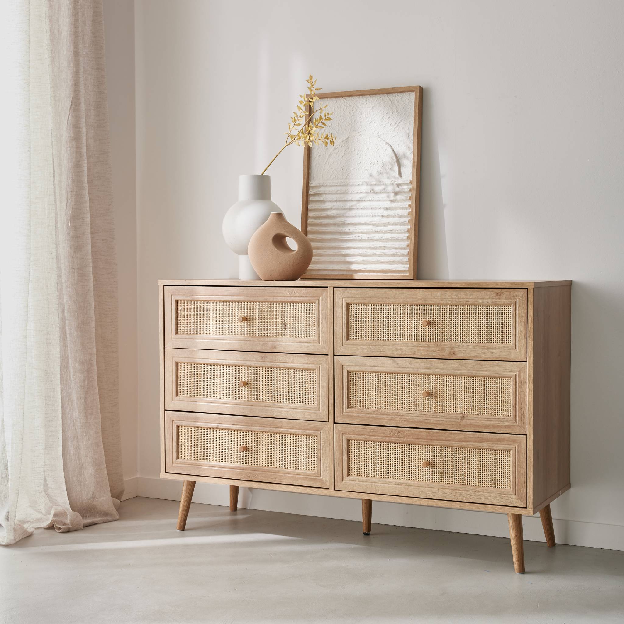 Commode décor bois et cannage 6 tiroirs Bohème. couleur naturelle - 120x39x79cm BOHÈME - 3