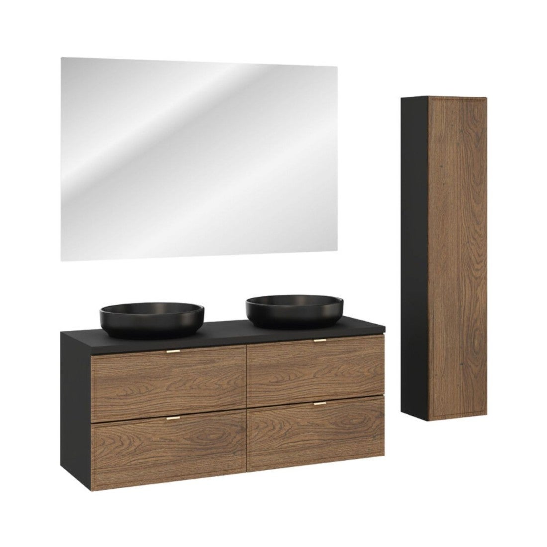 Conjunto savia: muebles bajo lavabo 120cm + 2 lavabos redondos negros para colocar + espejo led + columna de almacenamiento