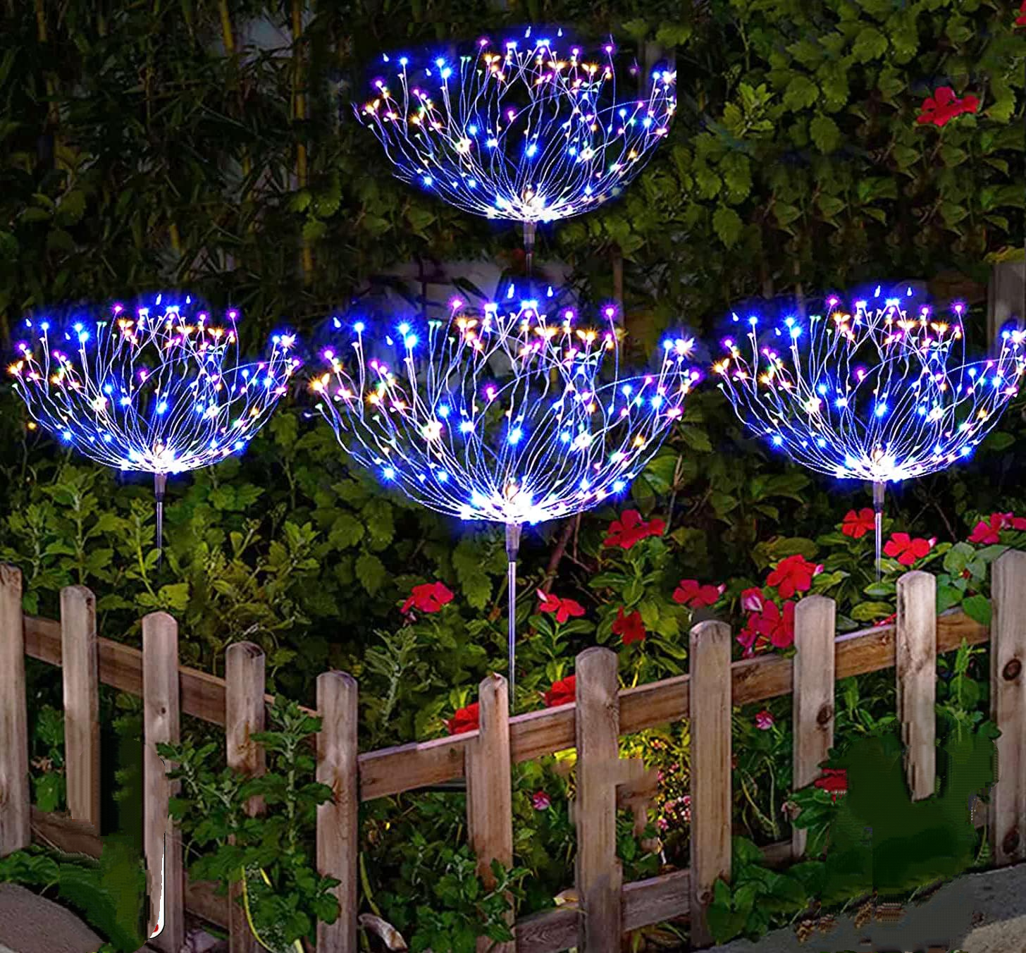 Lampy solarne, oświetlenie ogrodowe, 4 sztuki, 120 diod LED, wodoodporne, solarne fajerwerki – kolorowe światło