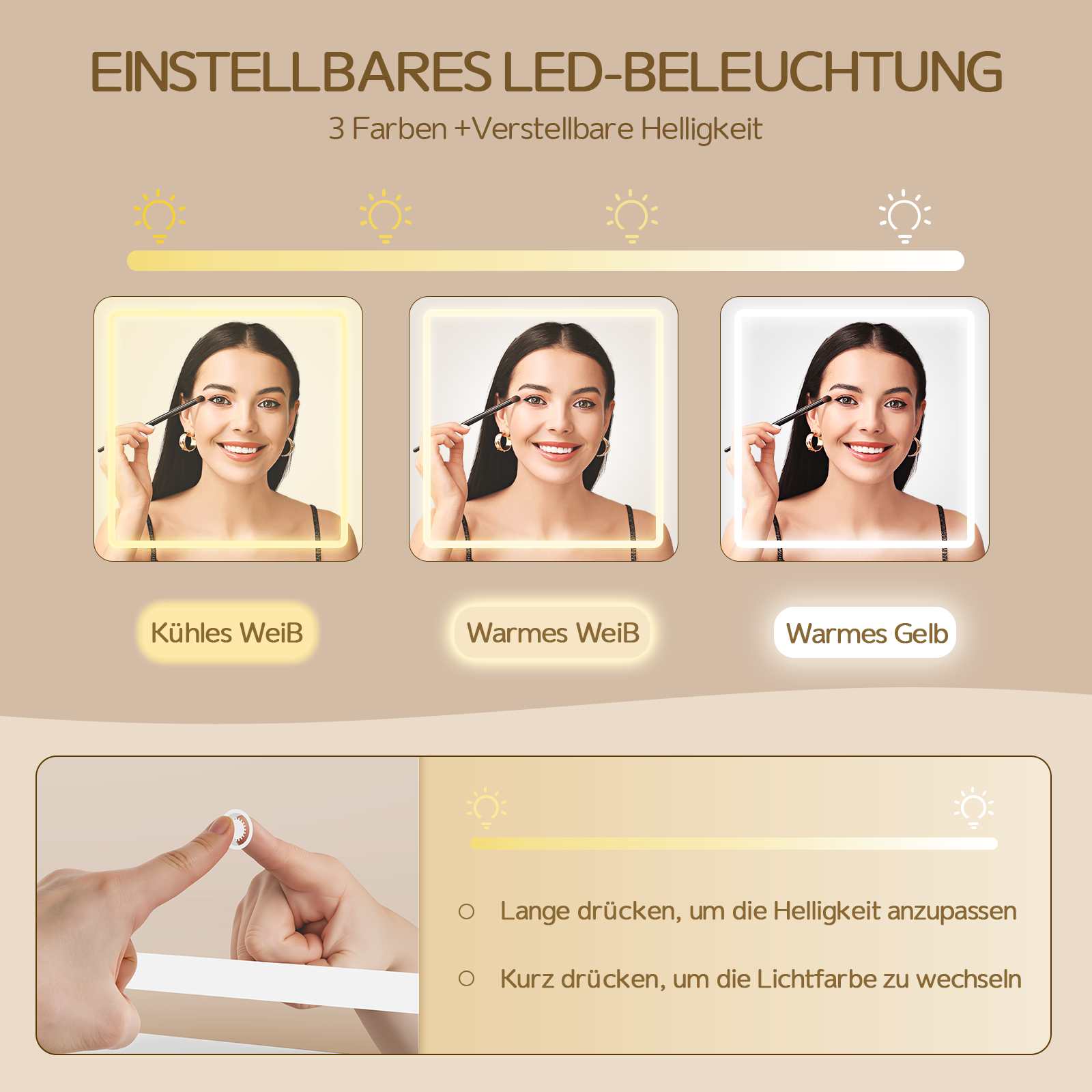 Scrivania da trucco con specchio,mobiletto da trucco con cassetto e ripiani portaoggetti,3modalità di colore disponibili per la camera da letto,bianco - 3