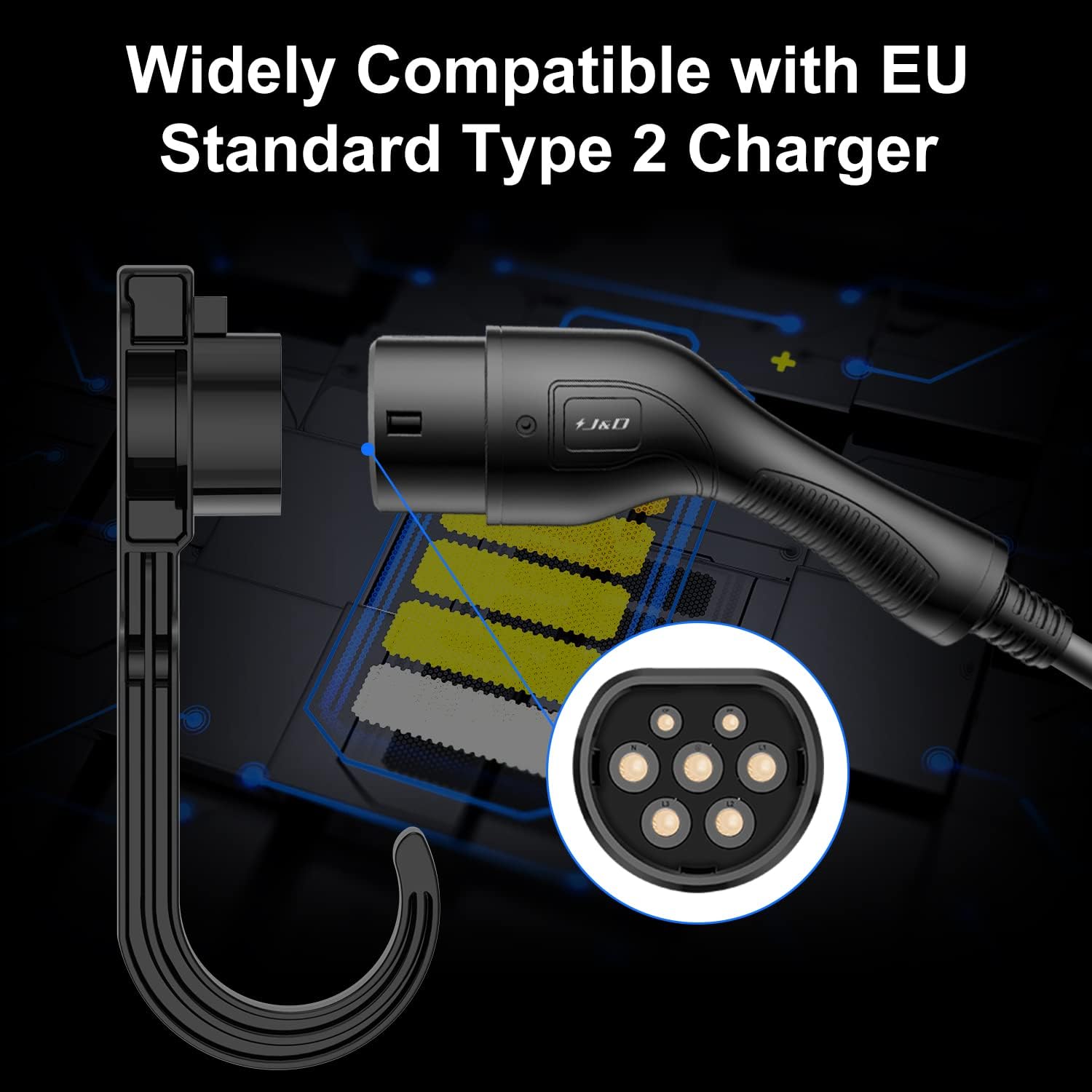 Suporte de parede para carregador de veículos elétricos Tipo 2 com gancho, compatível com veículos elétricos (VEs), preto - 5