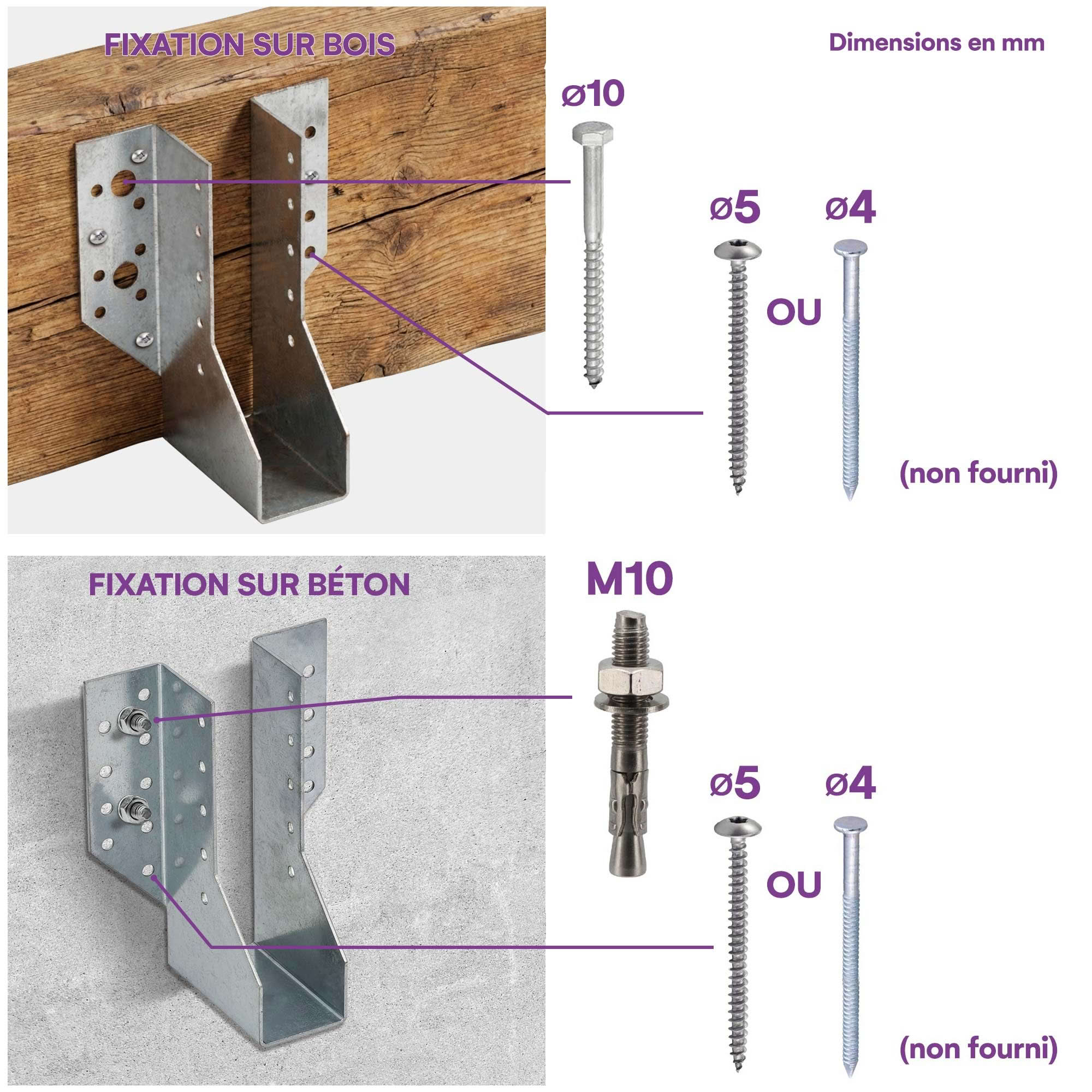 10 sabots de charpente à ailes extérieures - Connecteurs de poutres - Acier galvanisé - Larg 45 x Ht 140 mm - Fabriqué en Europe - 5