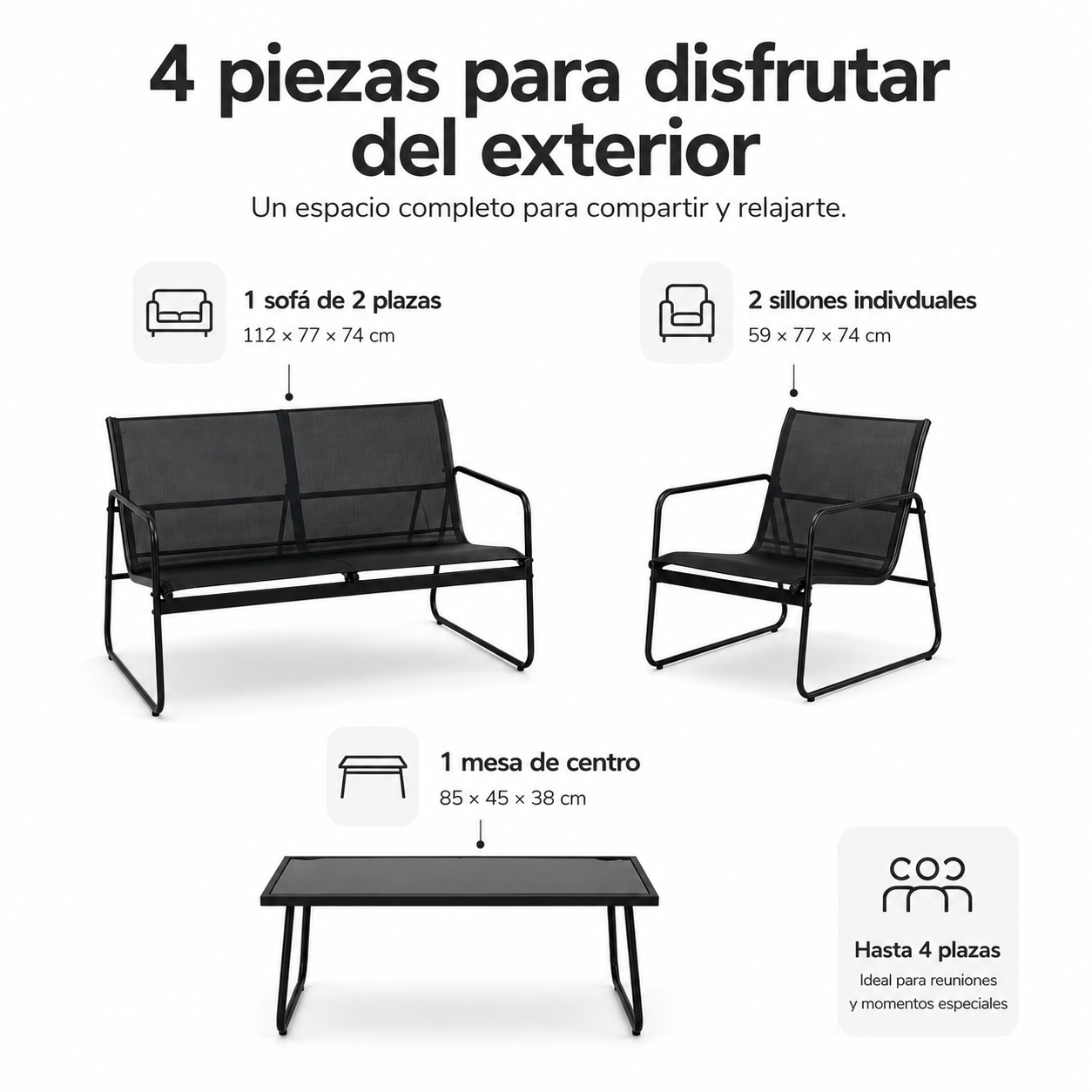 Ensemble de jardin acier textilène 4 pièces table en verre - 7