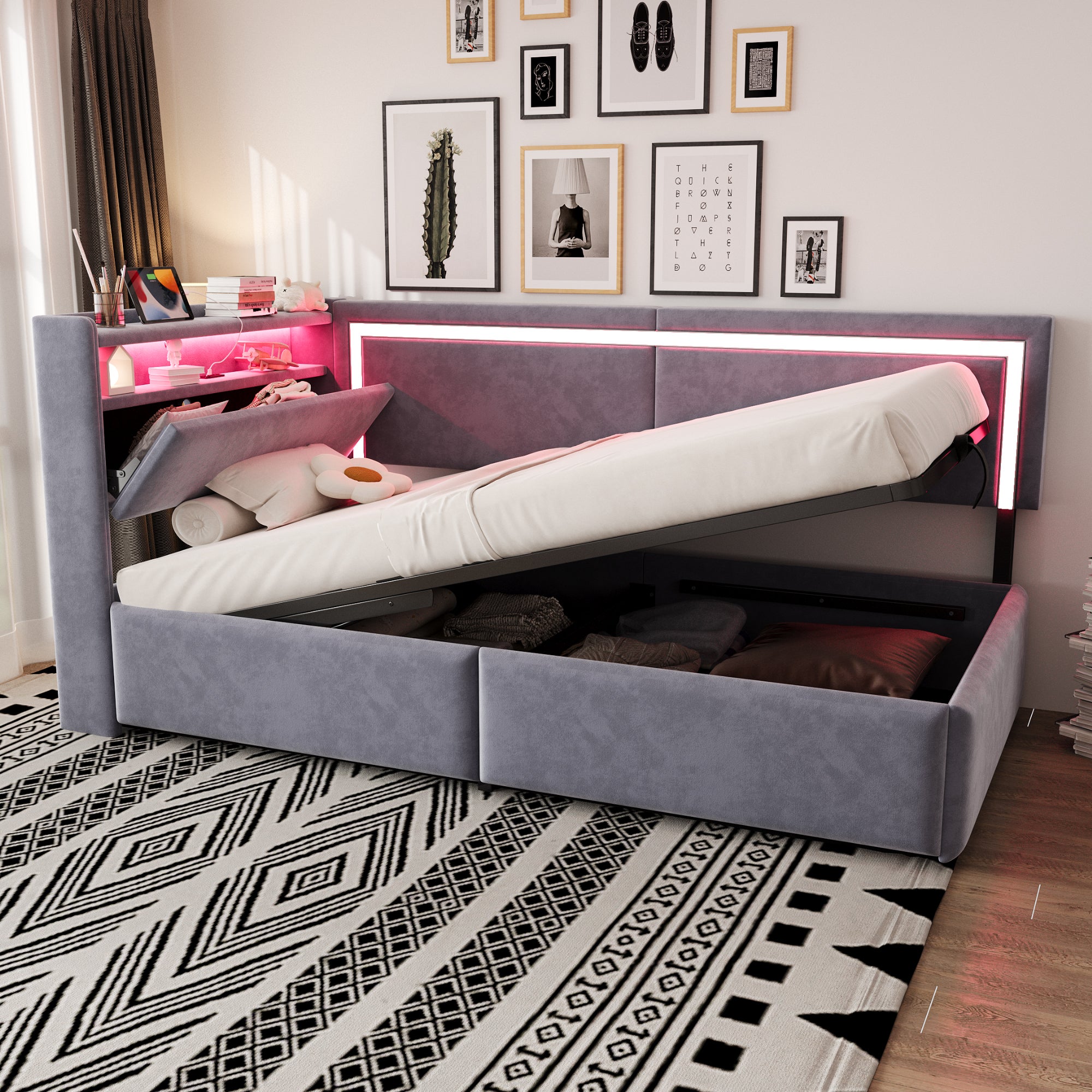Rozkładana sofa 90x200cm - z oświetleniem LED - z portami USB - tkanina welurowa - jasnoszary​ (materac nie jest wliczony w cenę)
