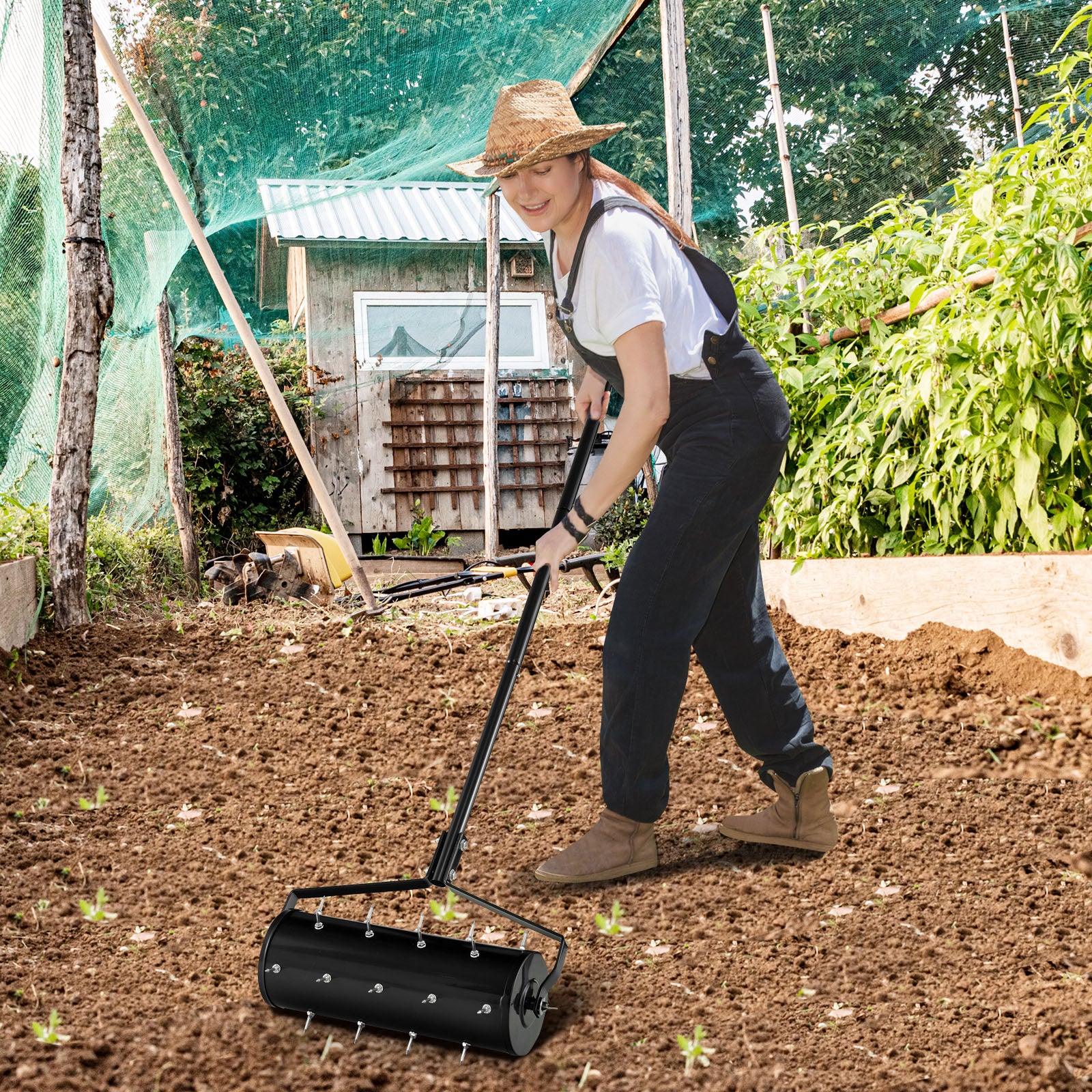 Aérateur à Gazon Roulant de 44 cm, Scarificateur Manuel avec Poignée Amovible de 128 cm Pointes de Dents pour Ameublir Sol, Aération de l'Herbe, Noir - 4