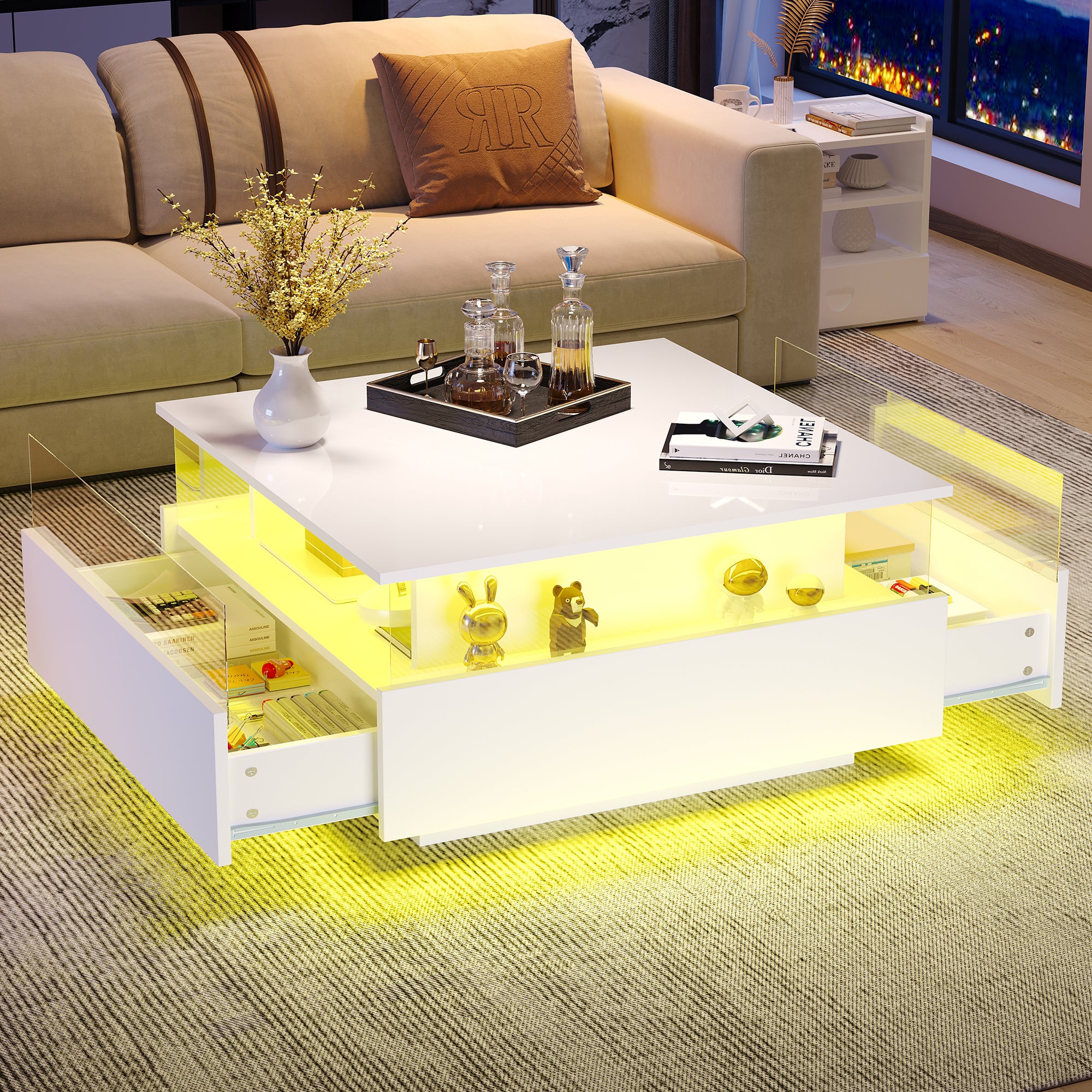 Nowoczesny stolik kawowy z 2 szufladami i przezroczystą przestrzenią - 70 x 70 x 41 cm - Diody LED - Płyta wiórowa - Błyszczący biały
