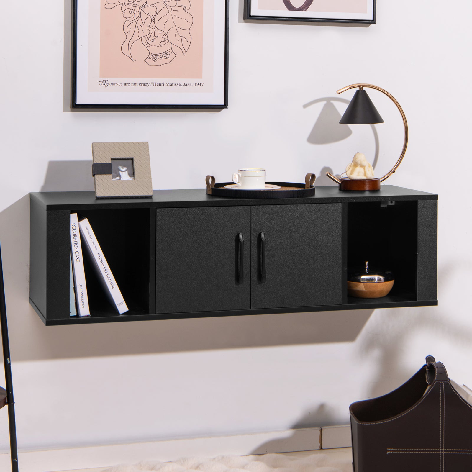 Armoire de Rangement Flottante à 2 Portes, Bureau Suspendu Mural avec 2 Cubes, Meuble de Console sous Télévision, pour Salon, Bureau, Cuisine, Noir - 6