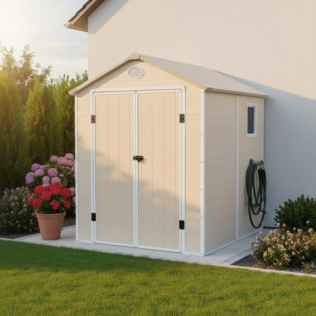 Jôbu Abri de jardin résine beige 3,65m² avec kit fondation acier galvanisé