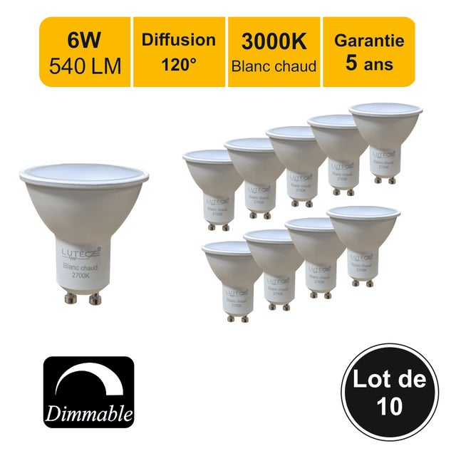 Lot de 10 ampoules LED Dimmable GU10 6W 540Lm 3000K - garantie 5 ans