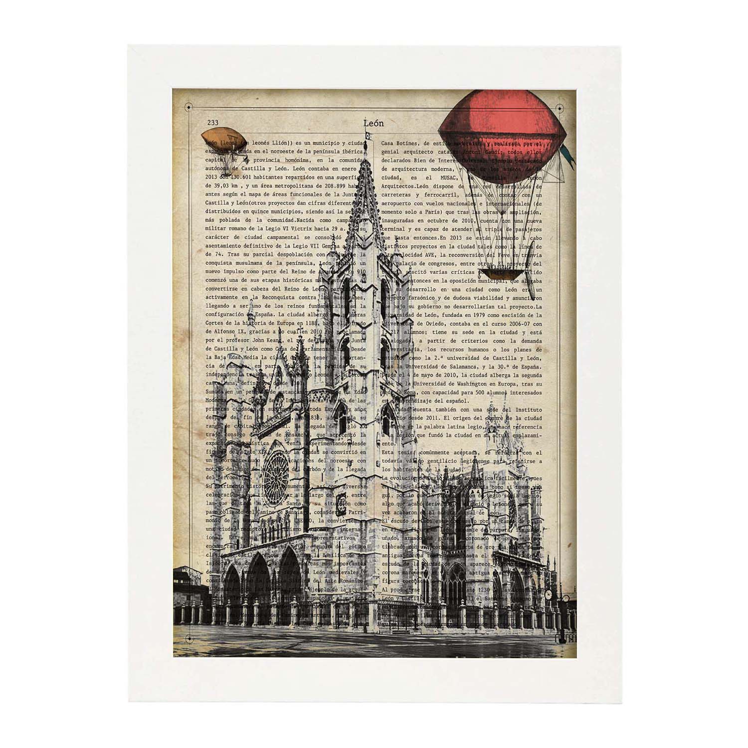 Lamina ciudad de leon. estilo vintage. ilustracion, fotografia y collage con la historia de leon. marco negro - a3