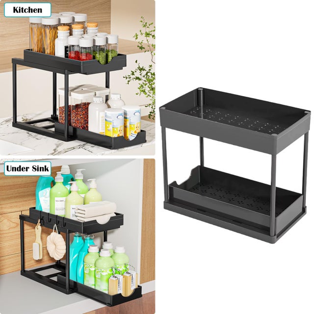 Organizadores y almacenaje bajo el fregadero para la cocina, organizador bajo el fregadero de 2 niveles, cesto de baño con 4 ganchos