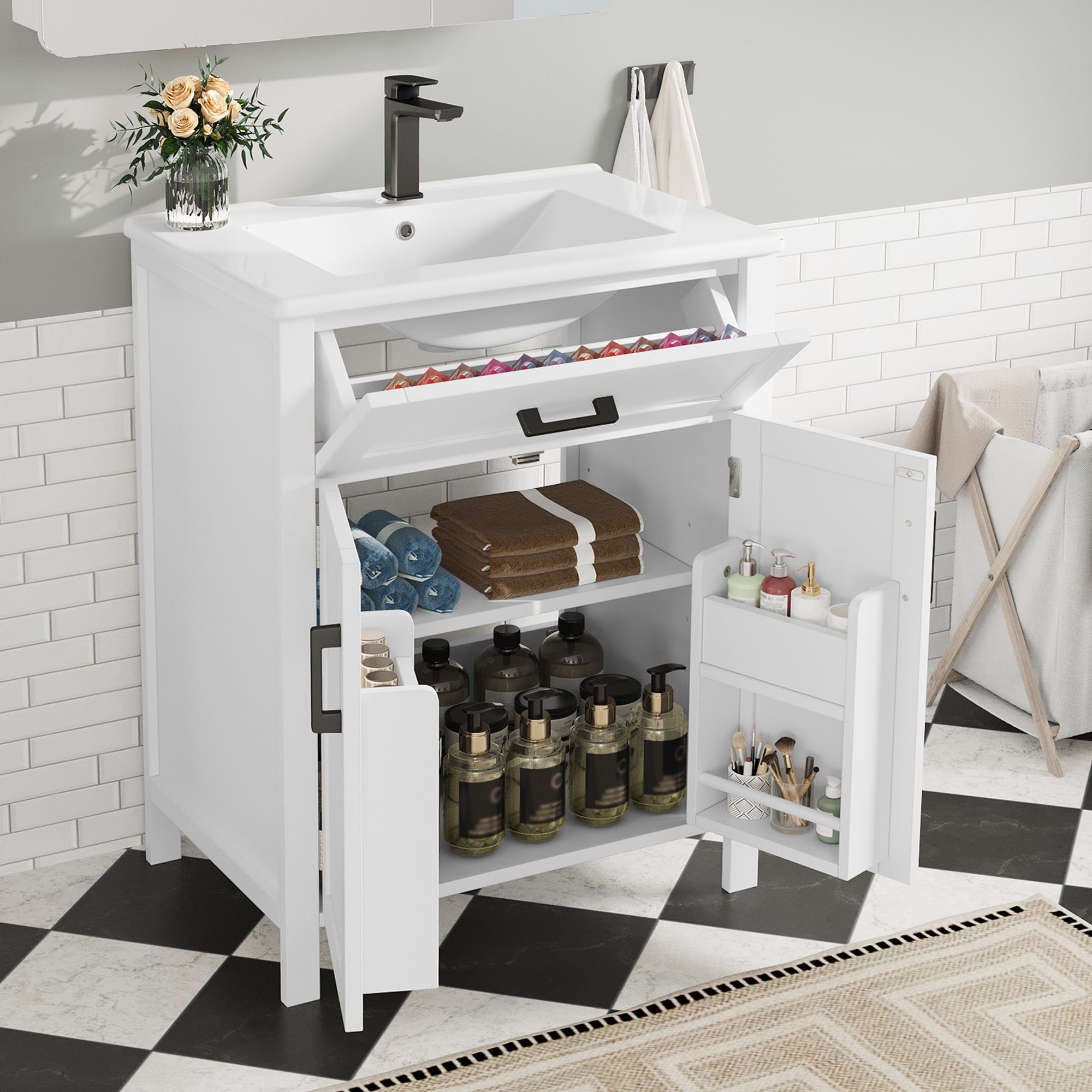 Meuble de salle de bain sur pied - avec une vasque en céramique - 2 portes - 60x46x85cm - Blanc(robinet non inclus) - 2
