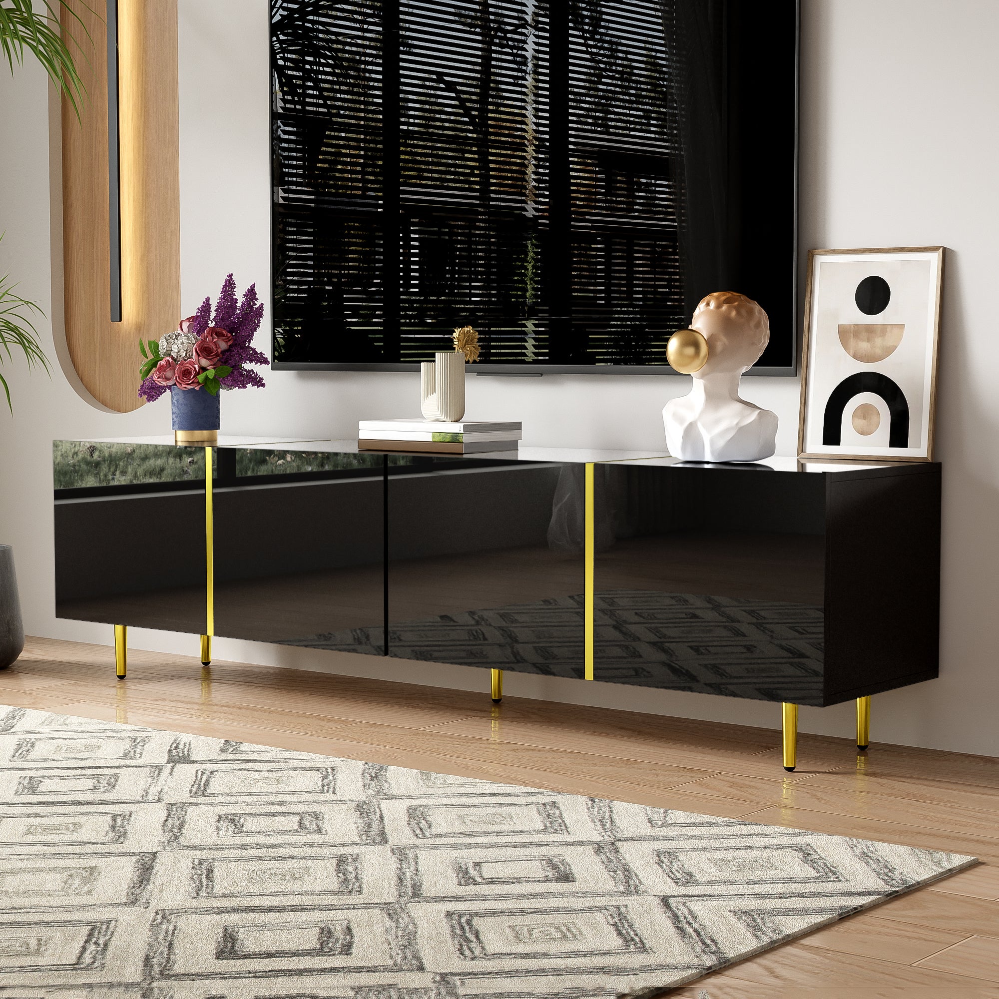 Meuble TV Moderne Noir Brillant 170 cm - 4 Portes - Design Épuré et ...