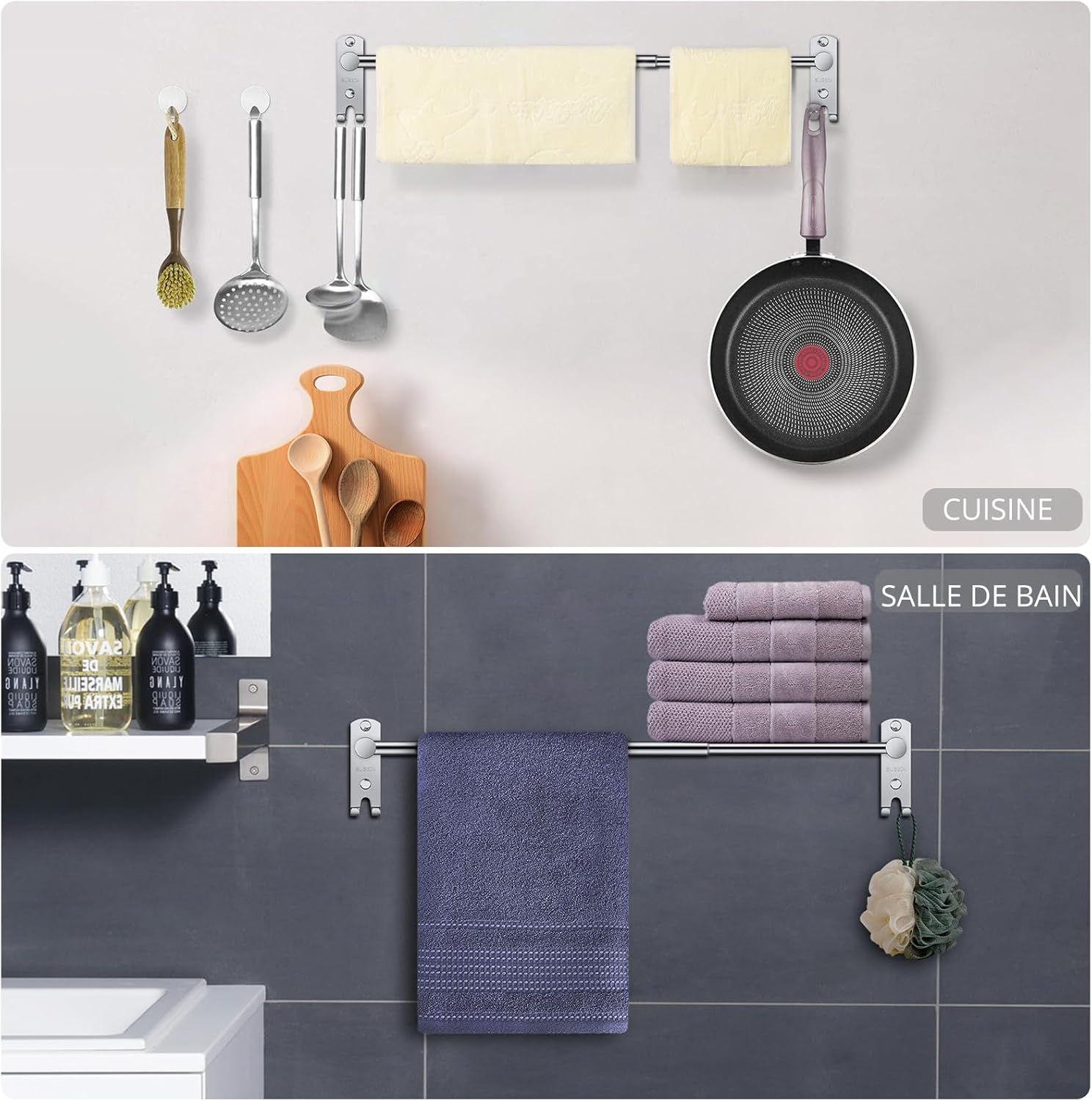 Porte Serviette Rétractable 50-90 Cm Seche Serviette Double Porte-Serviettes Réglable en Acier Inoxydable Barre Porte-Serviette Mural avec Vis - 5
