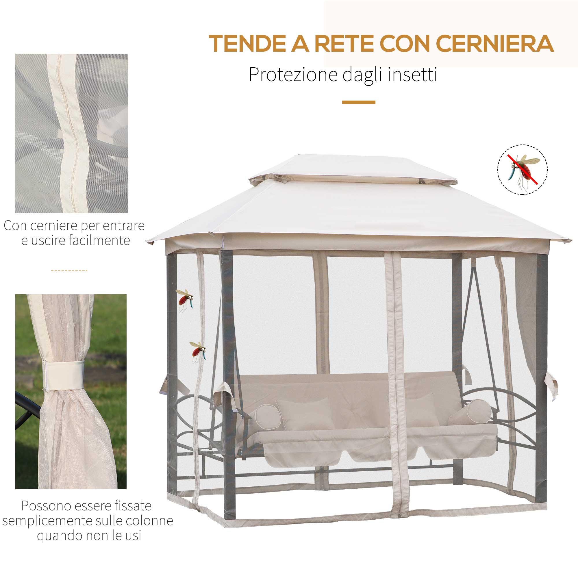 Outsunny Mini Gazebo Con Divano Letto A Dondolo Zanzariera Doppio Tetto Cuscini Imbottiti Da Giardino Acciaio 256 X 172 X 248 Cm - 7