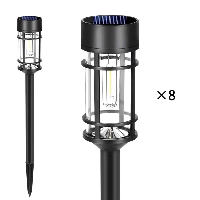 8pak lamp solarnych LED z żarnikiem wolframowym, dekoracyjne oświetlenie zewnętrzne,ze szklanym kloszem i słupkiem ze stali nierdzewnej,lampa ogrodowa