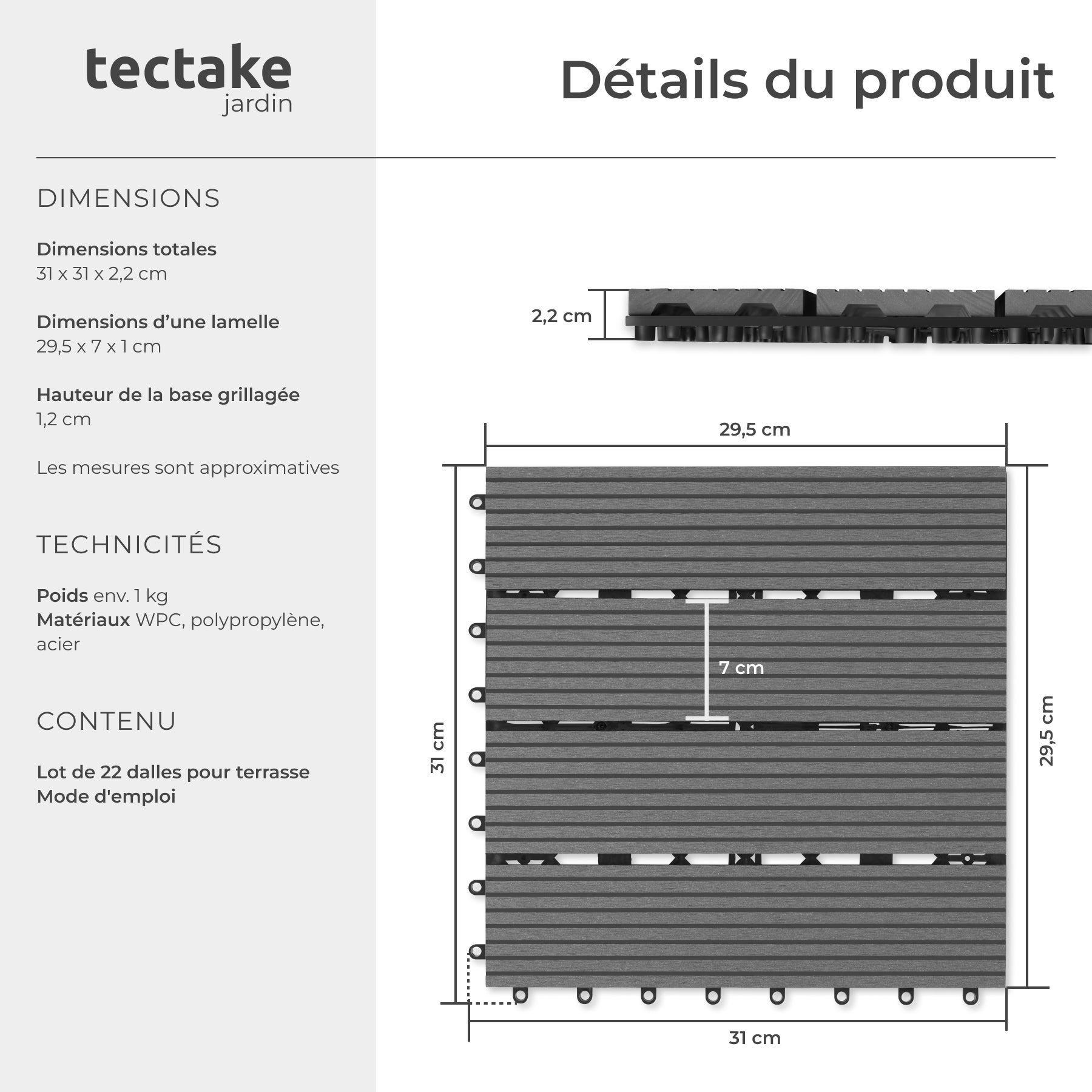 22 dalles de terrasse en WPC, système de clic pratique, antidérapantes, base treillis stable, gris TECTAKE - 6