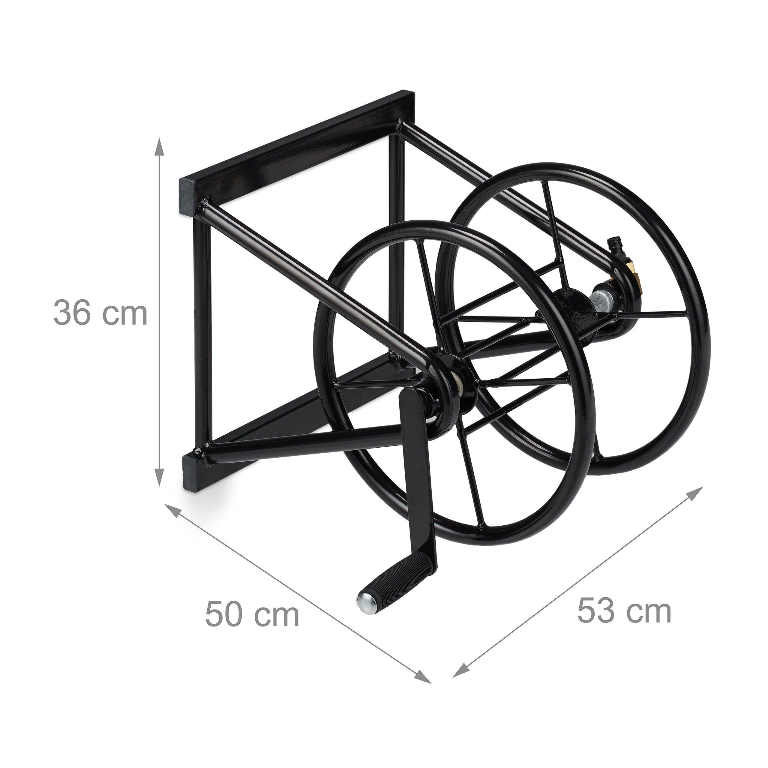 Enrollador de manguera de pared con manivela, para mangueras de 5/8 pulgadas y hasta 60 m, de acero y goma, negro, 36 x 53 x 50 cm, Relaxdays - 4
