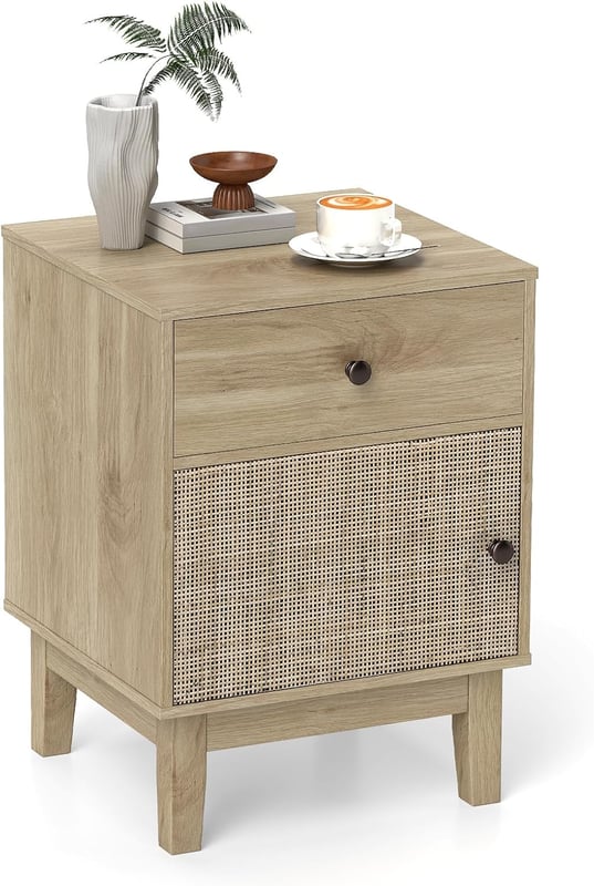 Stolik nocny z rattanu, szafka nocna z szufladą i szafką, stolik pomocniczy, stolik kawowy, konsola nocna w stylu boho do sypialni, salonu