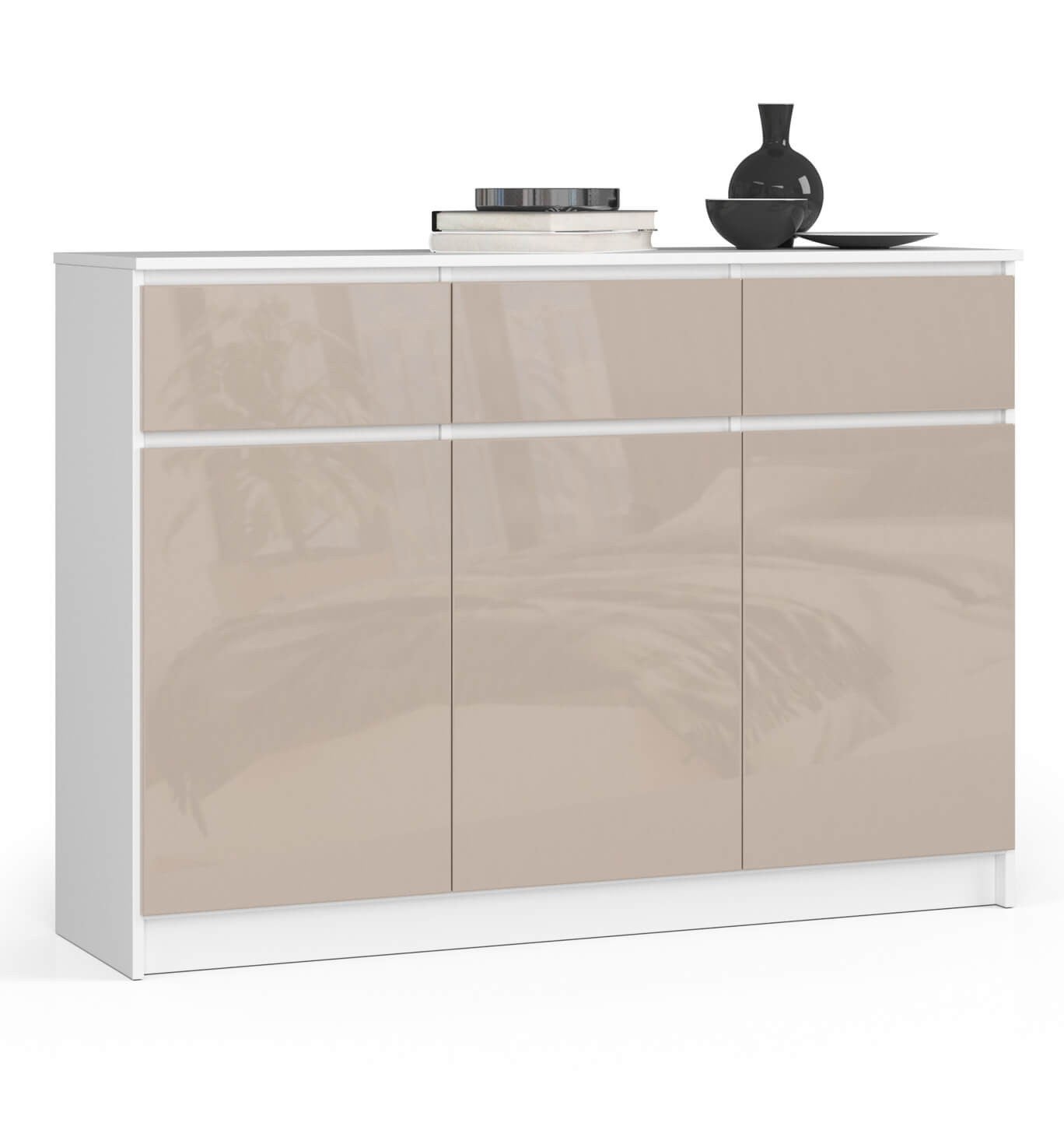 Komoda: 3 szuflady, 3 drzwi, 6 półek, biała | cappuccino sparkle, 138 x 99 x 40 cm