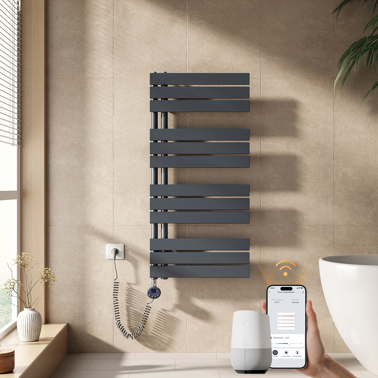 EMKE Grzejnik elektryczny łazienkowy 104x50cm - Inteligentne Sterowanie z Programatorem Tygodniowym w Aplikacji - 600W - Matowy Antracyt