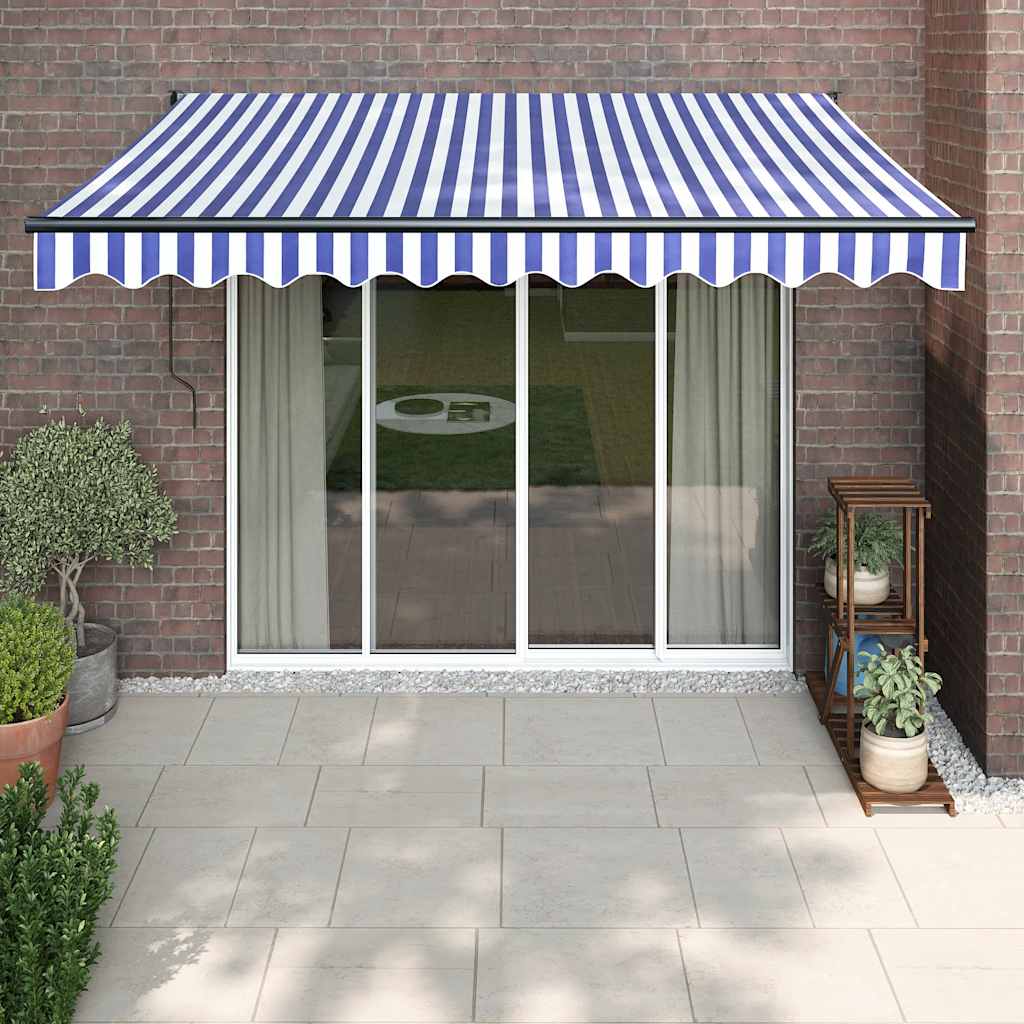 Toldo retráctil automático, azul y blanco, 3,5 x 2,5 m