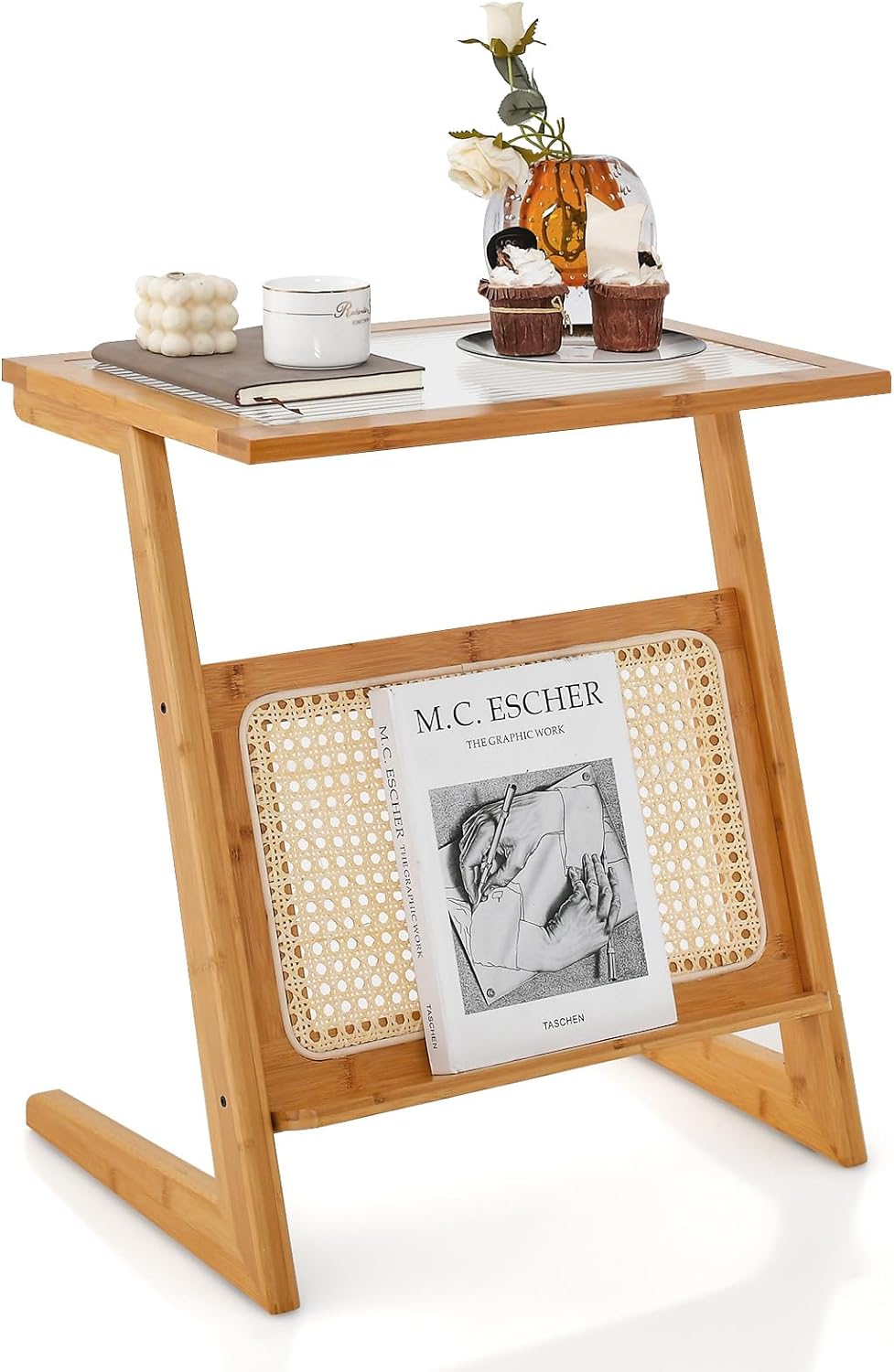 Mesa Auxiliar En Forma De Z Con Tapa De Vidrio | Estilo Moderno Para Salón O Dormitorio | 17.7x14.1x22 Cm
