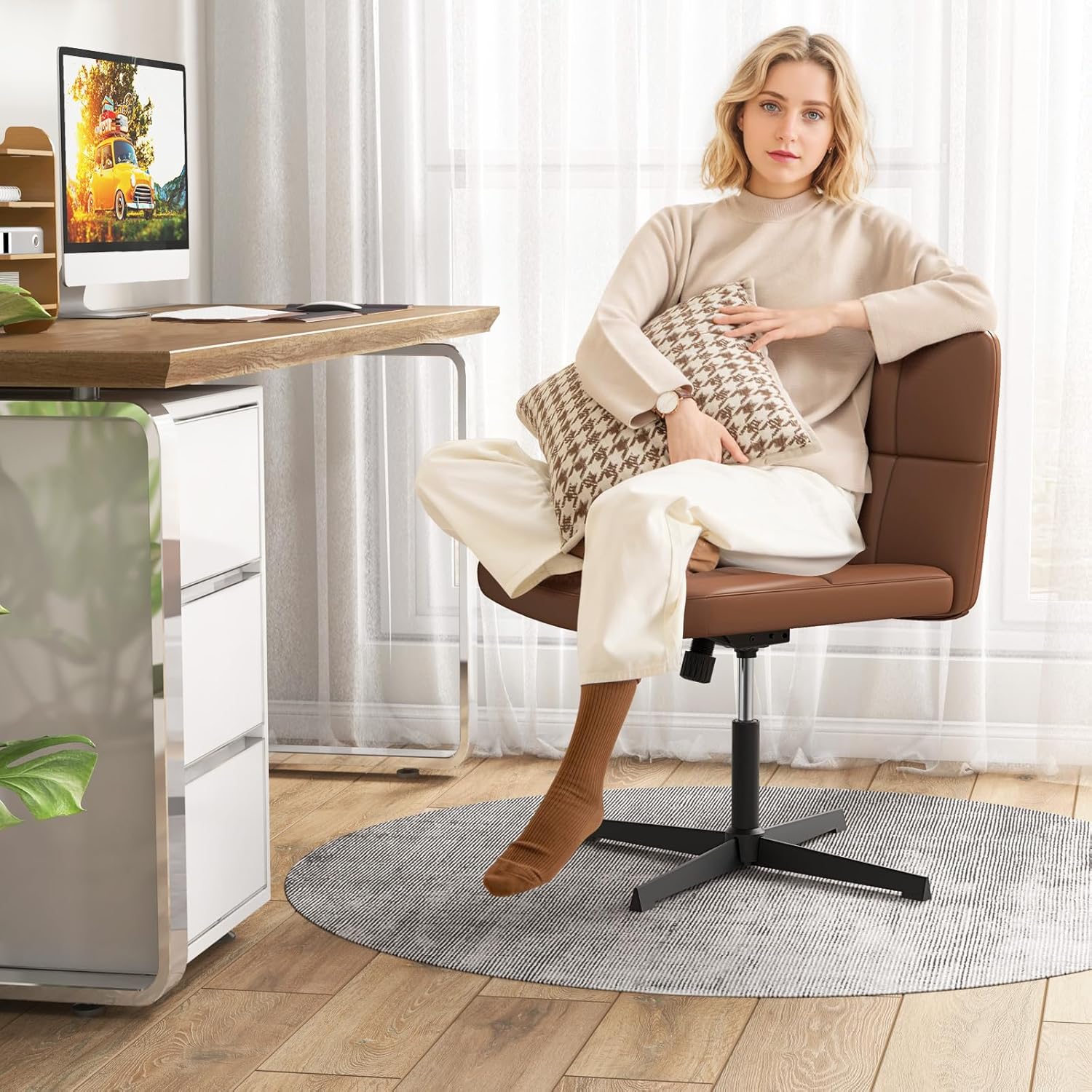 Sedia Da Ufficio EXRACING Criss Cross Con Seduta Ampia, Senza Braccioli, Gambe Incrociate, Girevole 360° E Regolabile, Per Casa E Lavoro, Supporto Fino A 136kg - 2