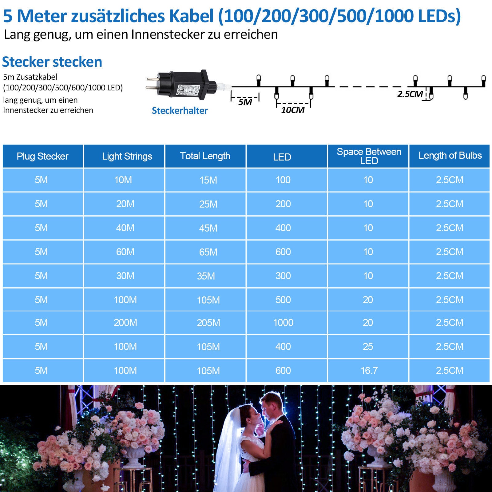 Guirlande lumineuse 20 m/200 LED pour extérieur, intérieur, carnaval, mariage, décoration de Noël, jardin, anniversaire, blanc chaud, IP44 - 2